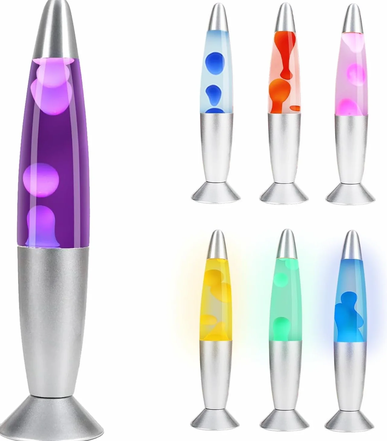 CELLUSTOP Lampa Led z ruchem wosku, wielokolorowa lampa lawowa w kształcie rakiety, stały strumień lawy, wielokolorowe światło LED, solidne szkło, aluminium, 7 alternatywnych kolorów, żółta