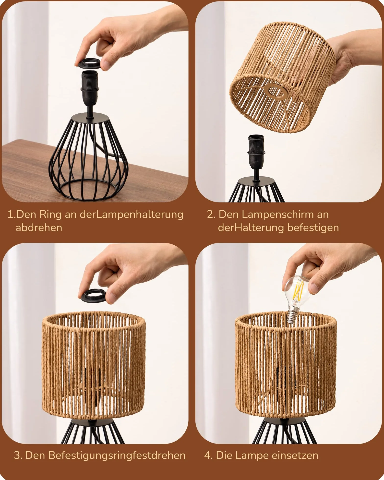EDISHINE Lampka stołowa do salonu, boho z tkanego płótna papierowego, o wyglądzie metalowej siatki, E14, lampka nocna vintage, 29 cm, z żarówką LED 4 W, czarna