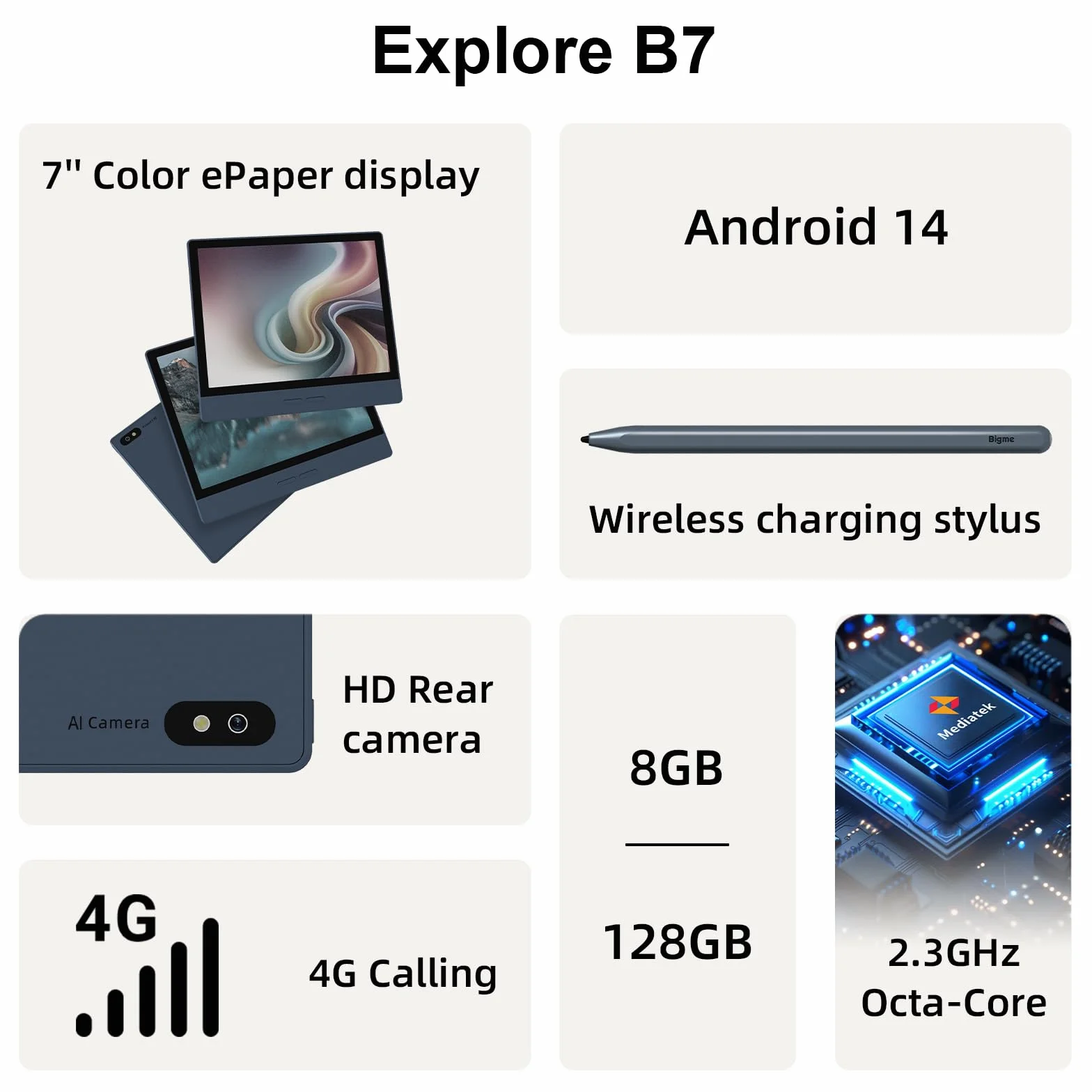 Bigme B7 7" kolorowy tablet ePaper 8+128 GB 4G Android 14 300 PPI 3000 mAh
