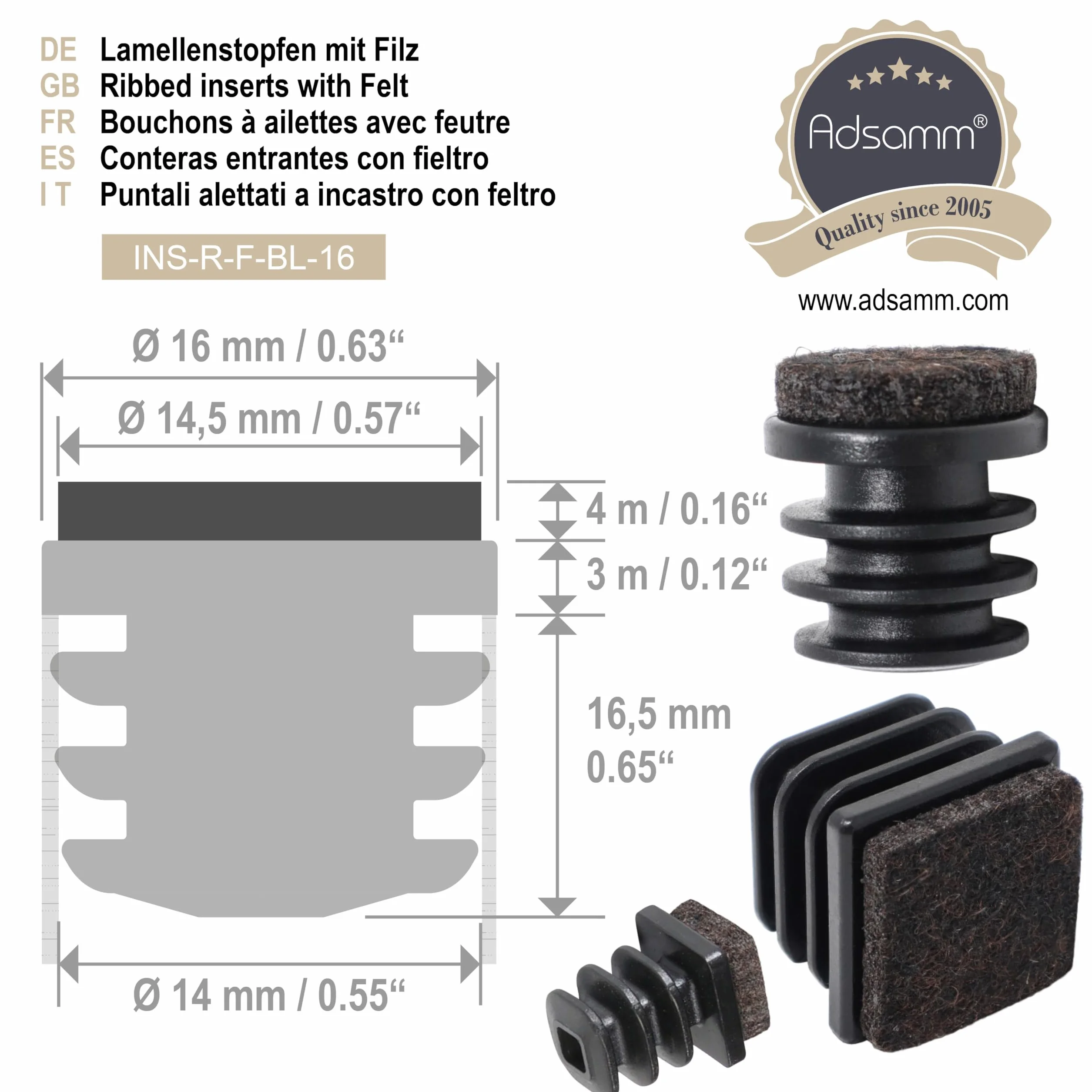 Adsamm INS-R-F-BL-16-16 INS-R-F-BL-16 16 x zaślepki lamelowe z filcu, czarne, Ø 16 mm