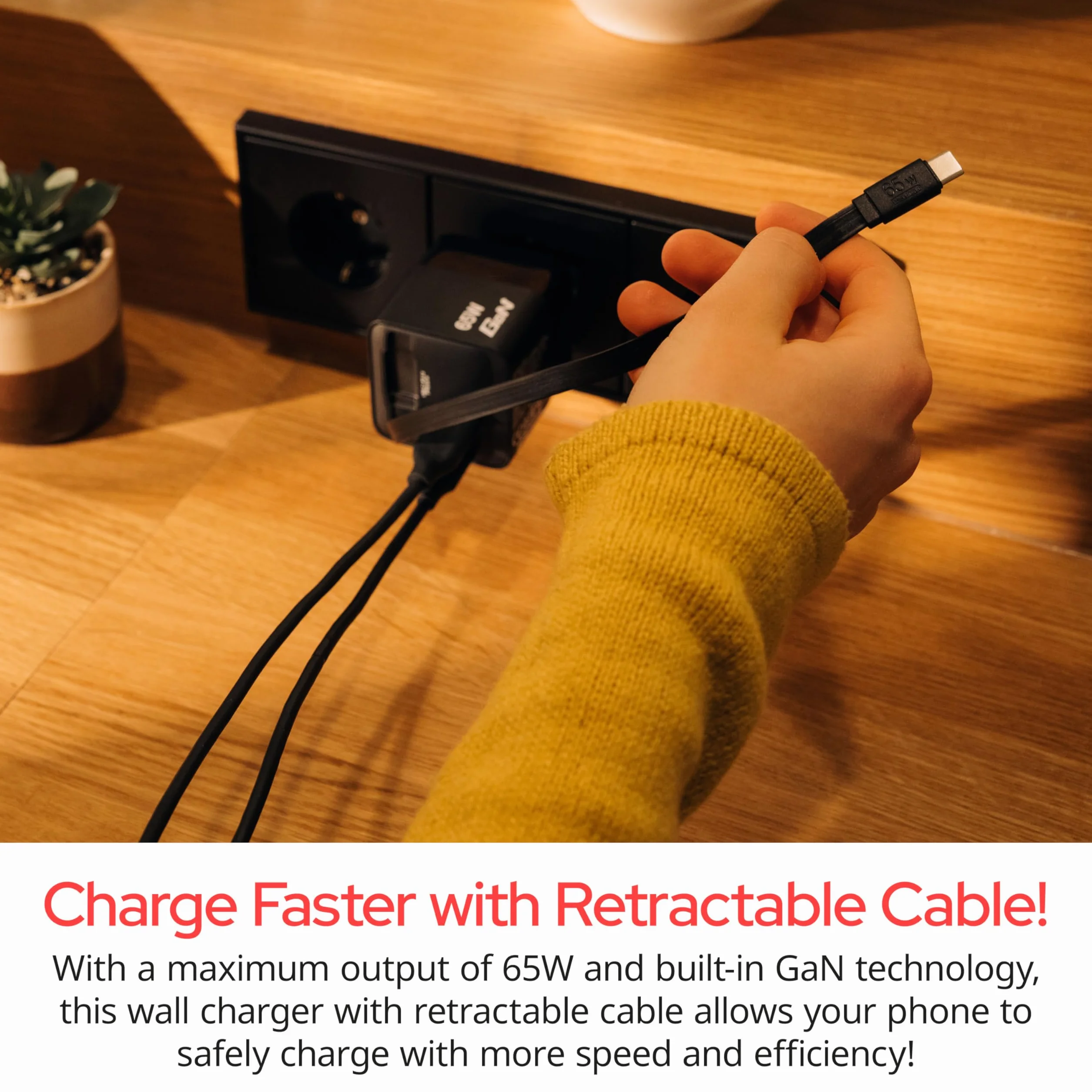 Verbatim GaN Charger 65 W Ładowarka USB-C 2-portowa z Wyciąganym Kablem USB-C i USB-A