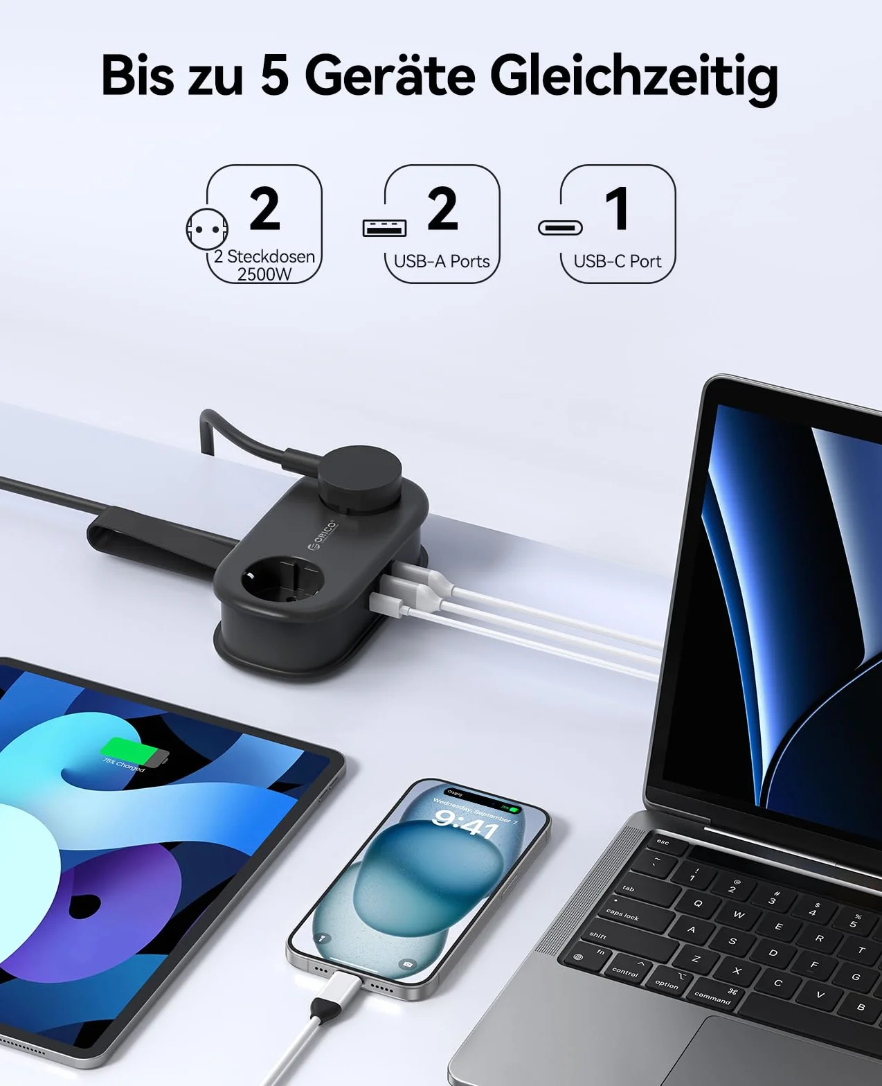 ORICO Listwa zasilająca z USB C PD 20 W, 2 przegródki, wielokolorowe gniazdko podróżne i 3 porty USB (1 USB C) do ładowania, kompatybilna z telefonem, z kablem o długości 1,5 m, do domowego biura na