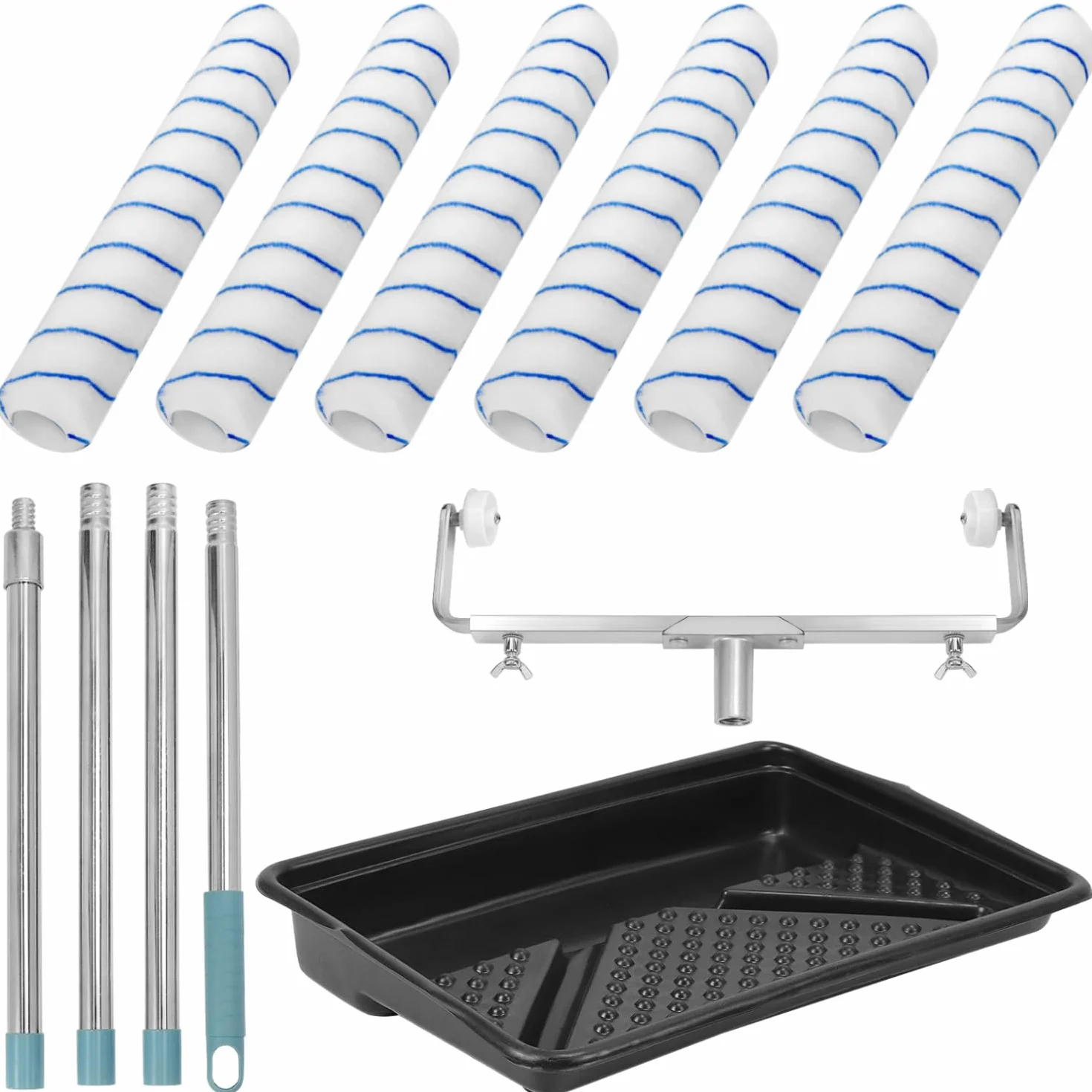 QWORK® Duży zestaw wałków malarskich 45 cm – zawiera 6 rolek + regulowana rama + odłączany pręt do 170 cm + duża taca na farbę, kompletny zestaw do malowania ścian i sufitów