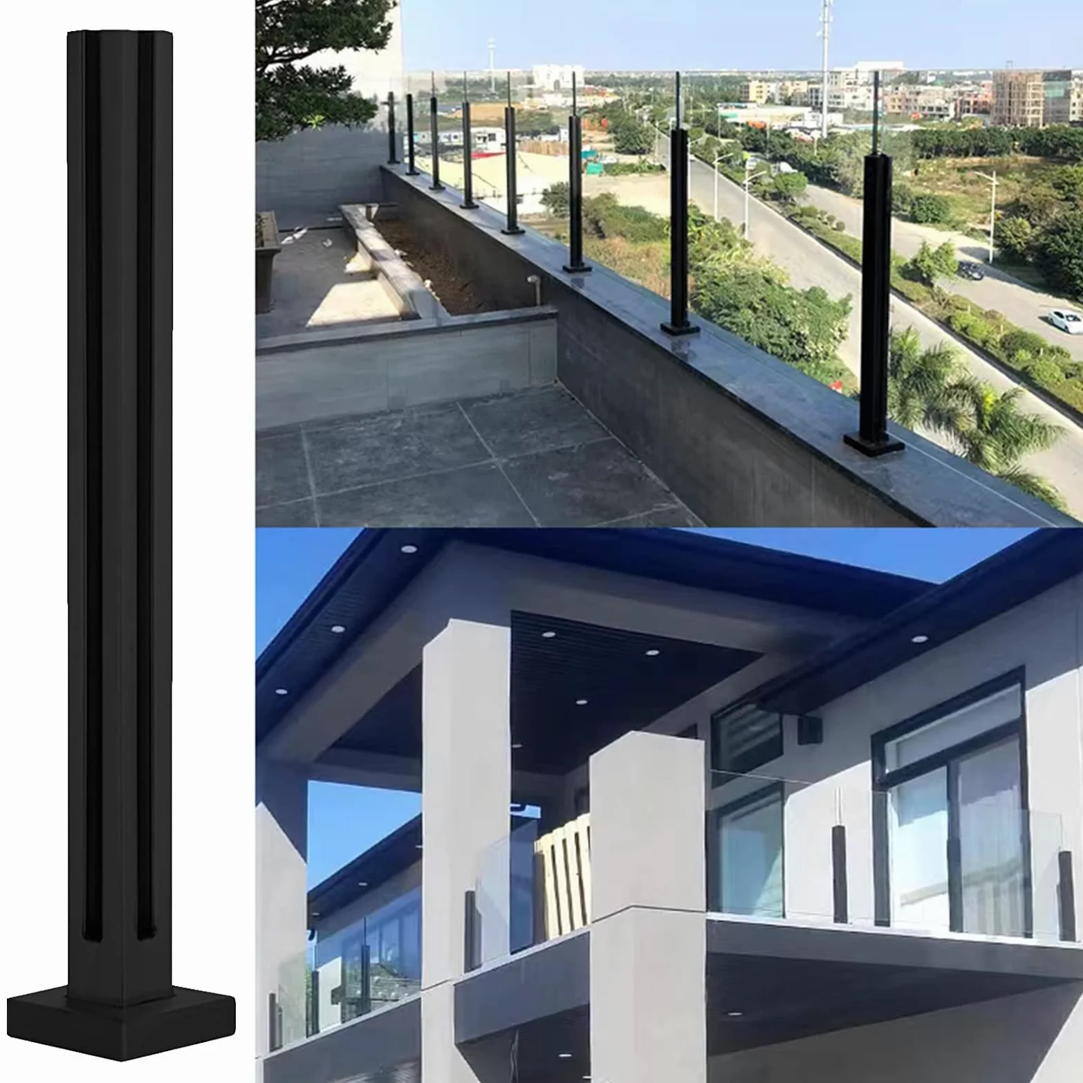 Słupek balustrady ze stali nierdzewnej 304 z czarnego szkła - Trwały słupek balustrady z czopami do użytku na zewnątrz i wewnątrz(Black Corner Post,70cm)