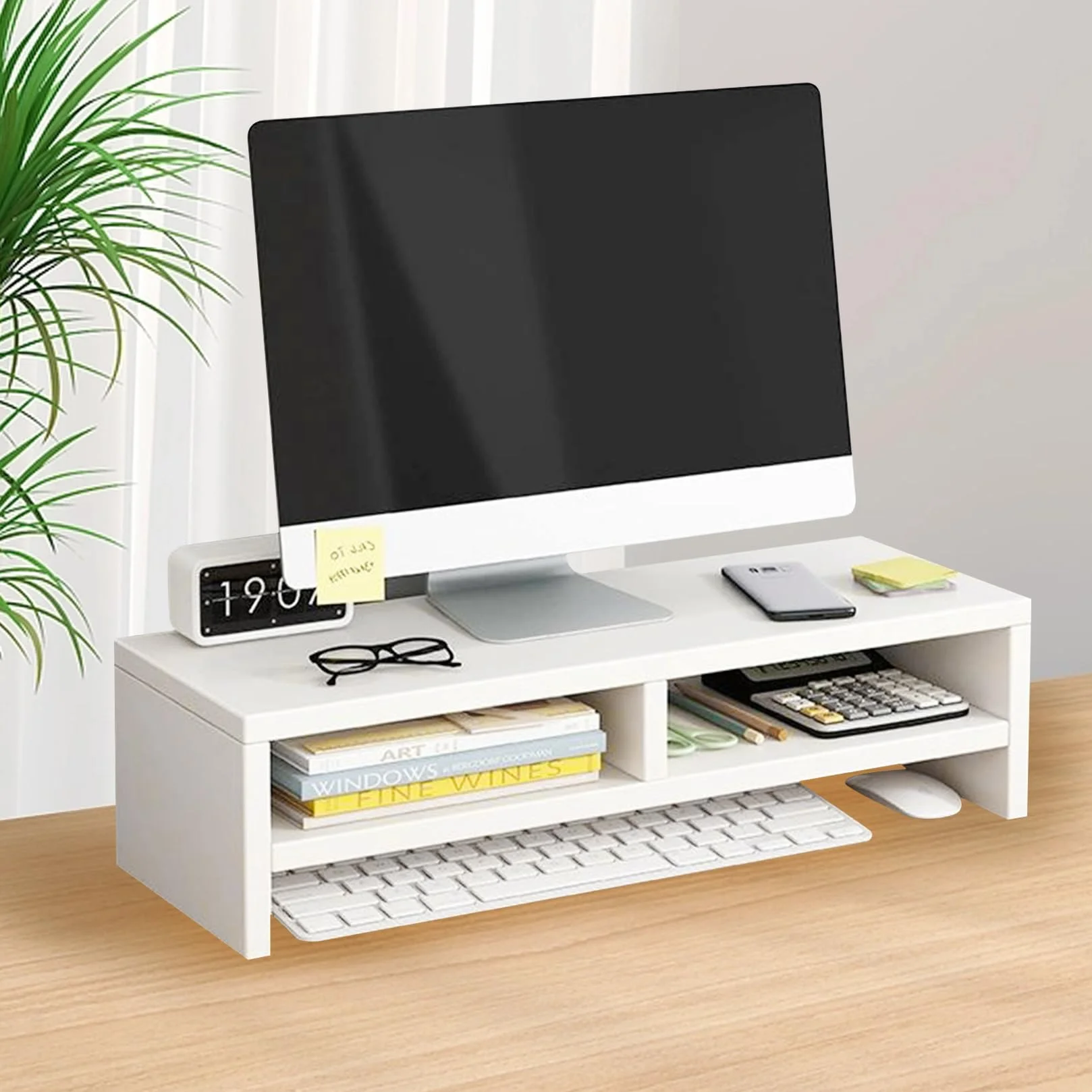 Stojak Na Monitor Biały Z Drewna z 2 Półkami Podwyższenie Ekranu Stojak Na Monitor Komputerowy Na Biurko Idealny Do Domowego Biura 40 X 20 X 13 Cm