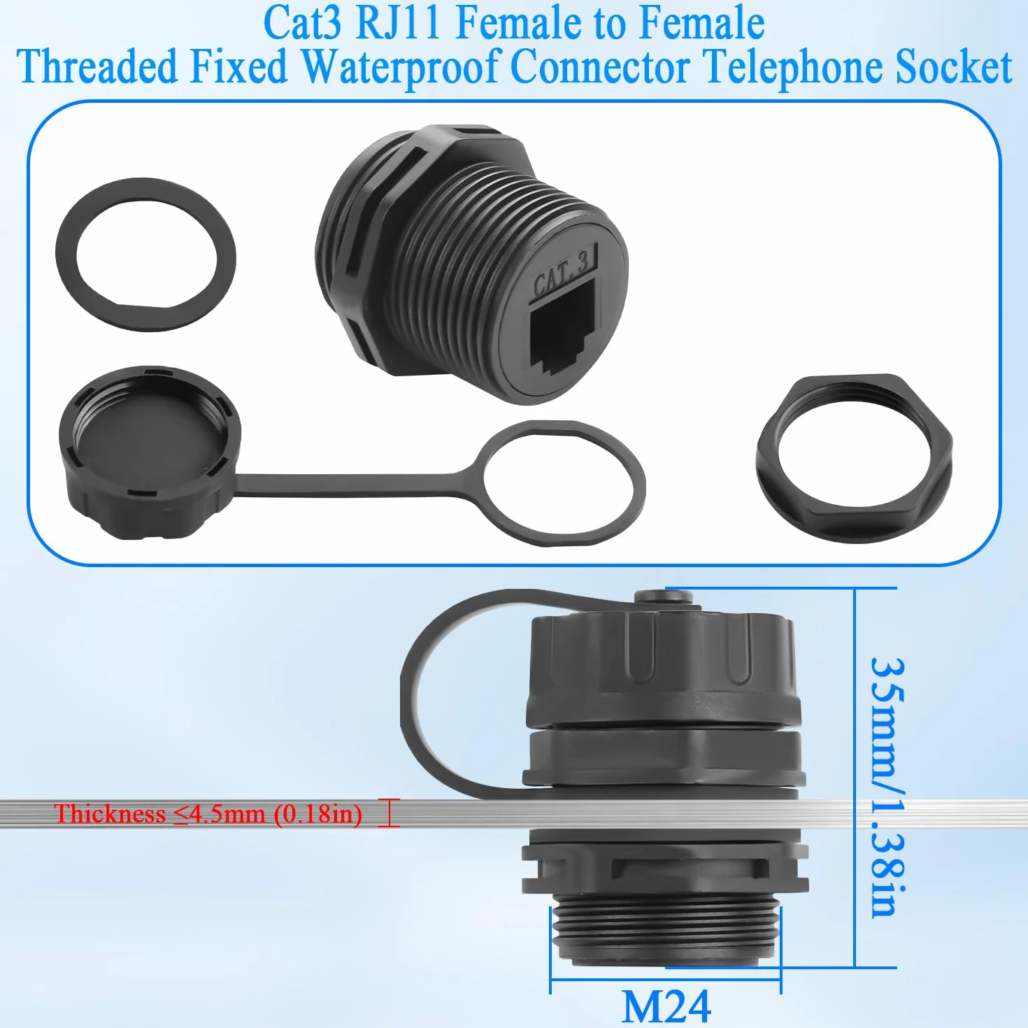 QIANRENON Cat3 RJ11 gwintowany stały wodoodporny adapter RJ11 6P4C żeński na żeńskie złącze telefoniczne złącze do montażu na panelu przednie gniazdo IP68, do modemu faksu głosowego