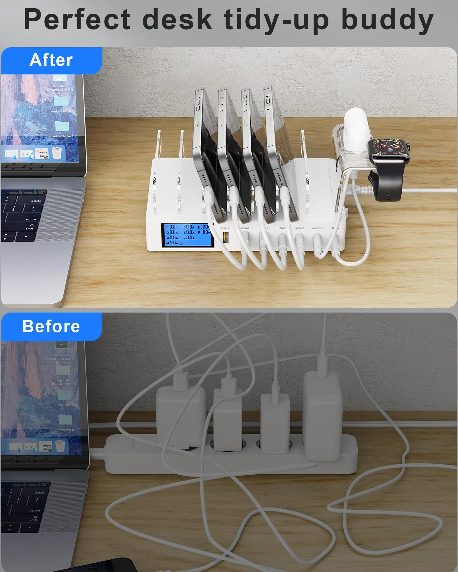 Stacja ładująca USB 245W 7 portów z ekranem LCD 2 w 1 kompatybilna z iPhone 16/15/Pro/Max Samsung