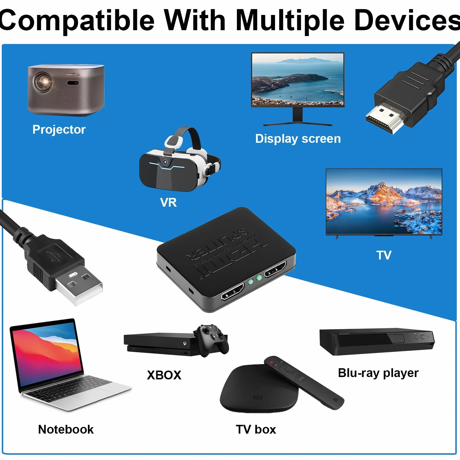 Rozdzielacz HDMI 1 w 2 wyjścia z synchronizacją audio, rozdzielacz HDMI 4K do podwójnych monitorów lustrzany wyświetlacz, do MacBooka, PC, laptopa, komputera stacjonarnego, konsoli do gier