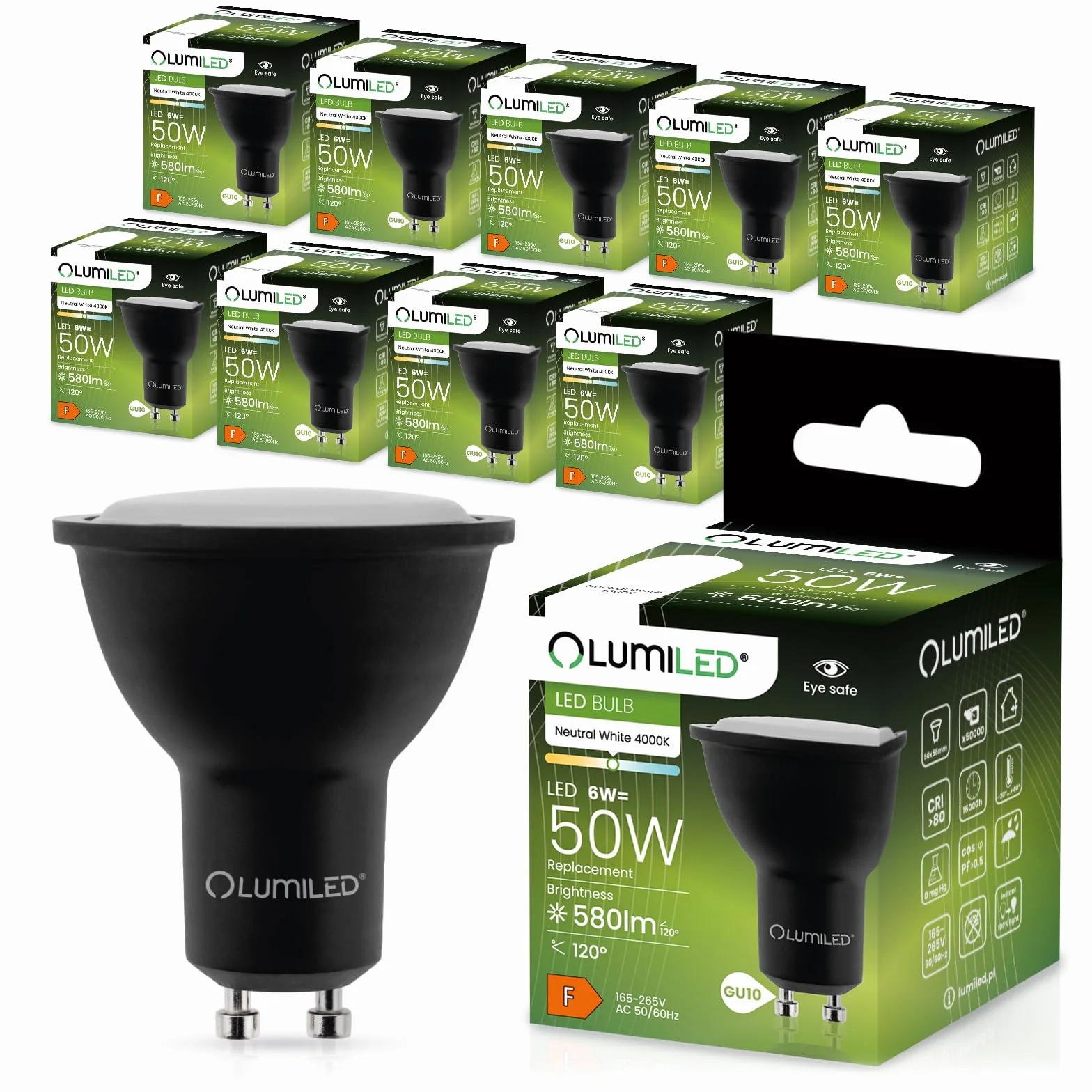 LUMILED Żarówka LED GU10 Reflektor PAR16 6W 580lm 4000K 120° Czarna