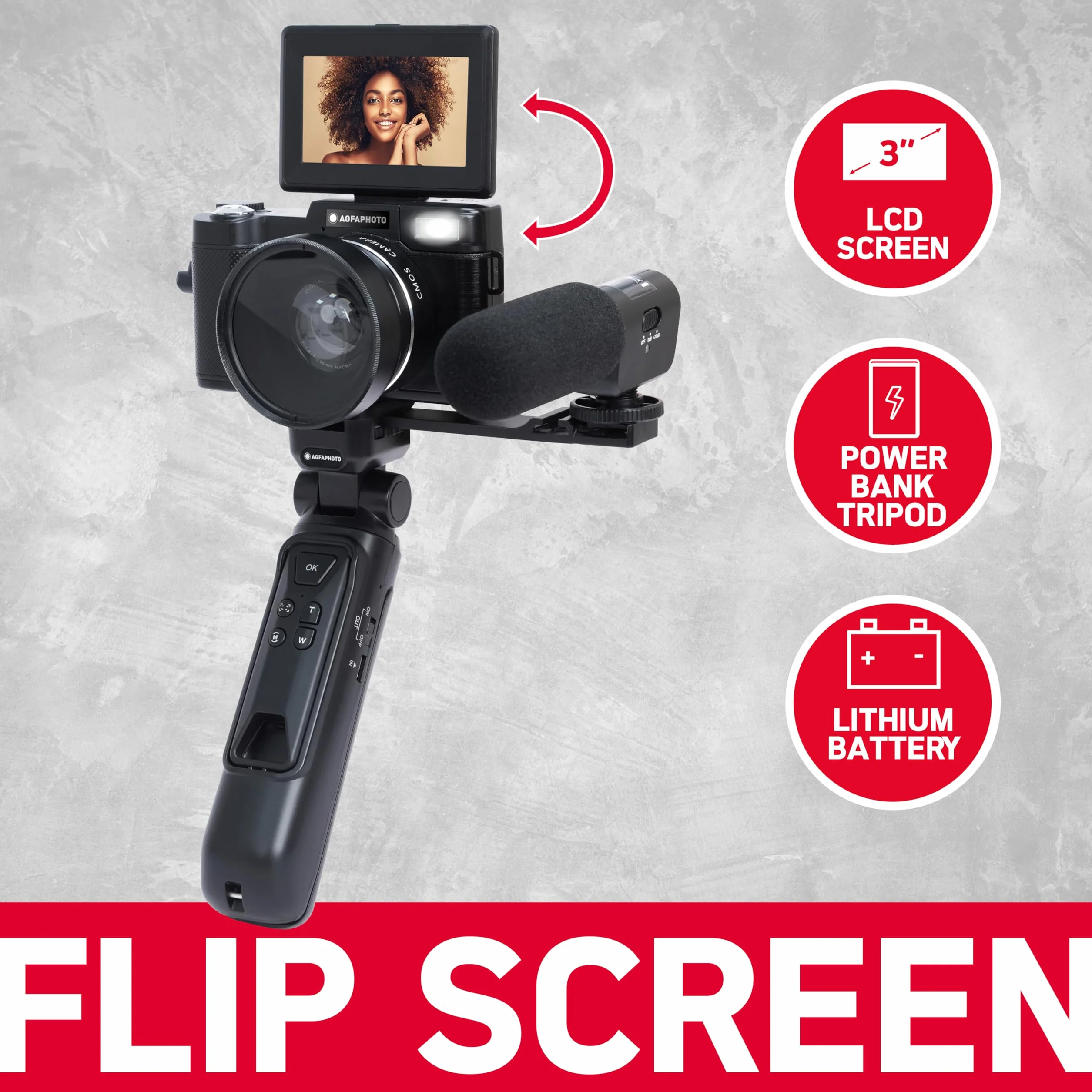 AgfaPhoto Realishot VLG-4K kamera 24 MP 4K 3-calowy ekran LCD 16-krotny zoom cyfrowy czujnik CMOS czarny