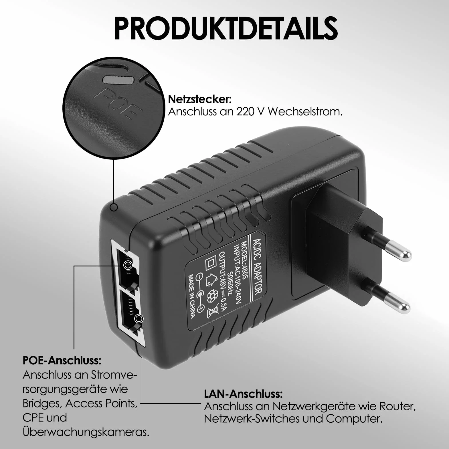 Sonew 48V 0,5A pasywny zasilacz POE Injector Ethernet adapter z wtyczką ścienną