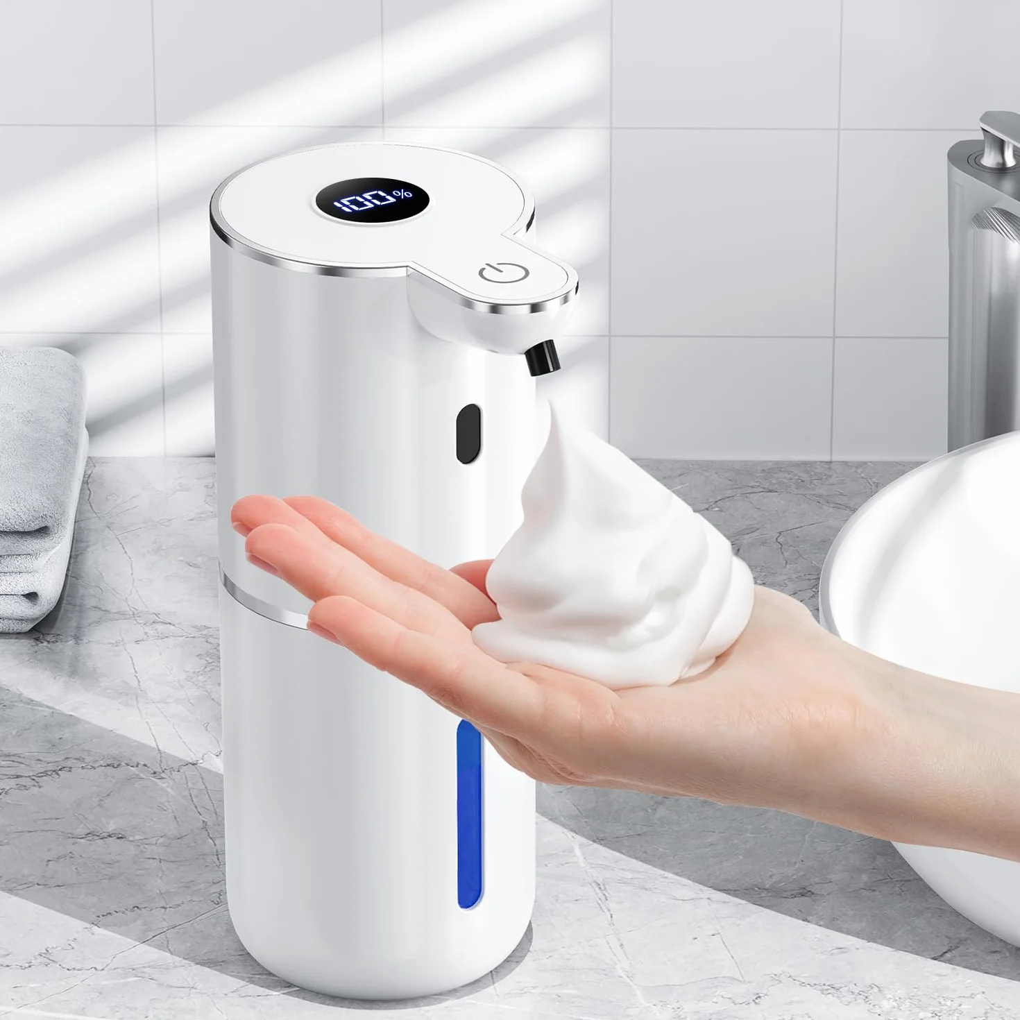 Fachixy Automatyczny dozownik mydła z cyfrowym wyświetlaczem, bezdotykowy, ścienny dozownik mydła w łazience, ładowalny, 380 ml, IPX5 wodoodporny dozownik pianki do łazienki, kuchni