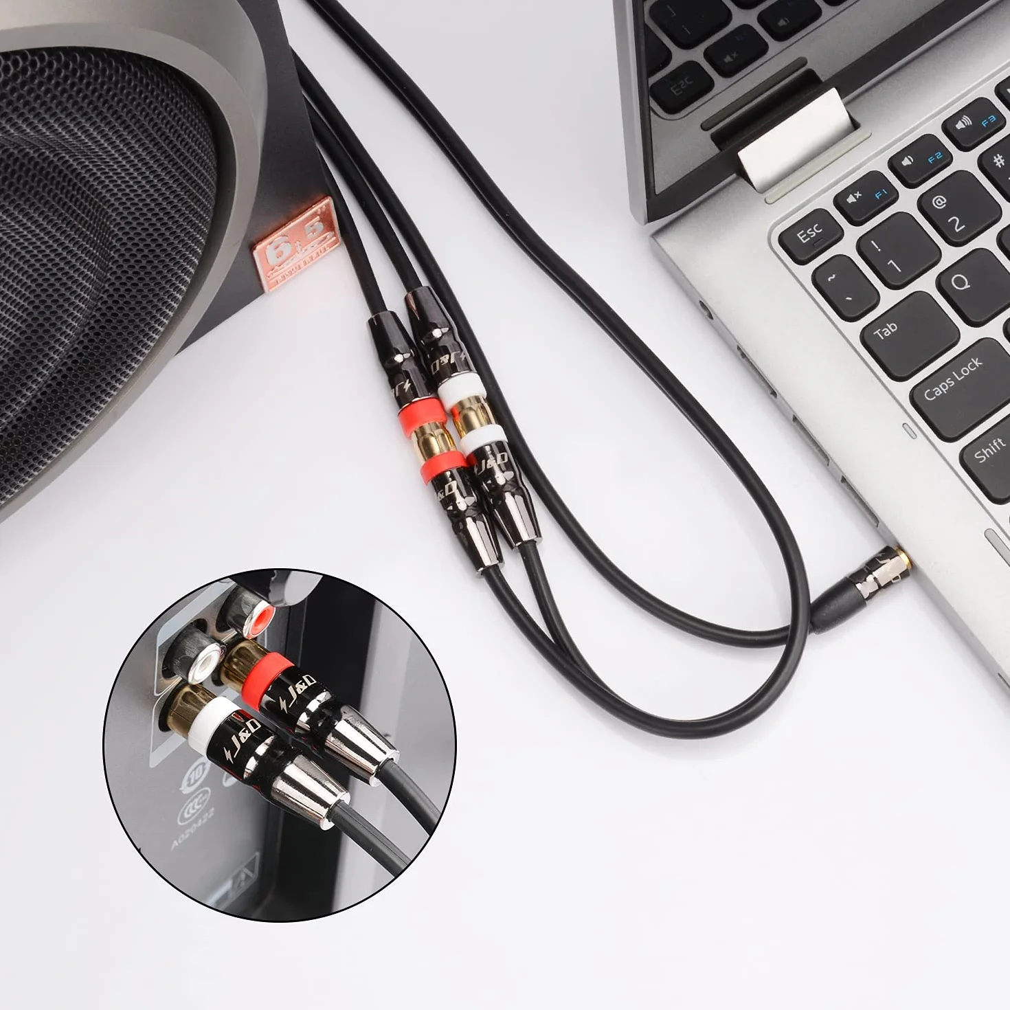 J&D Kabel audio 3,5 mm do Dual RCA, pozłacana miedziana obudowa, 0,9 m