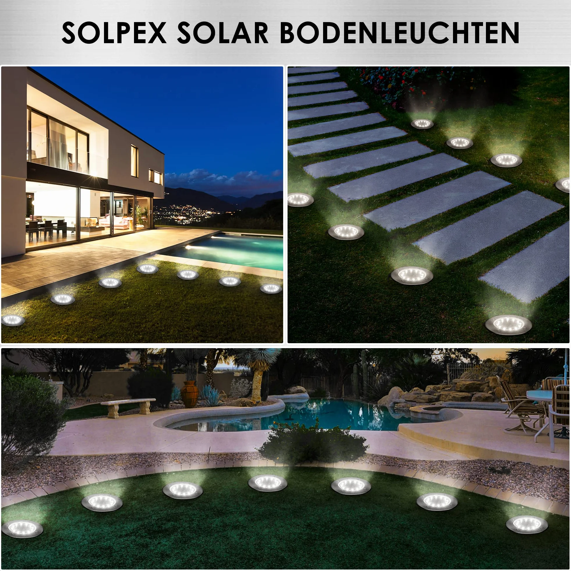 Solpex Zestaw 8 sztuk solarnych lamp gruntowych do ogrodu, 12 diod LED, białe, ze stali nierdzewnej, wodoszczelne, na taras, trawnik, podwórko, chodnik