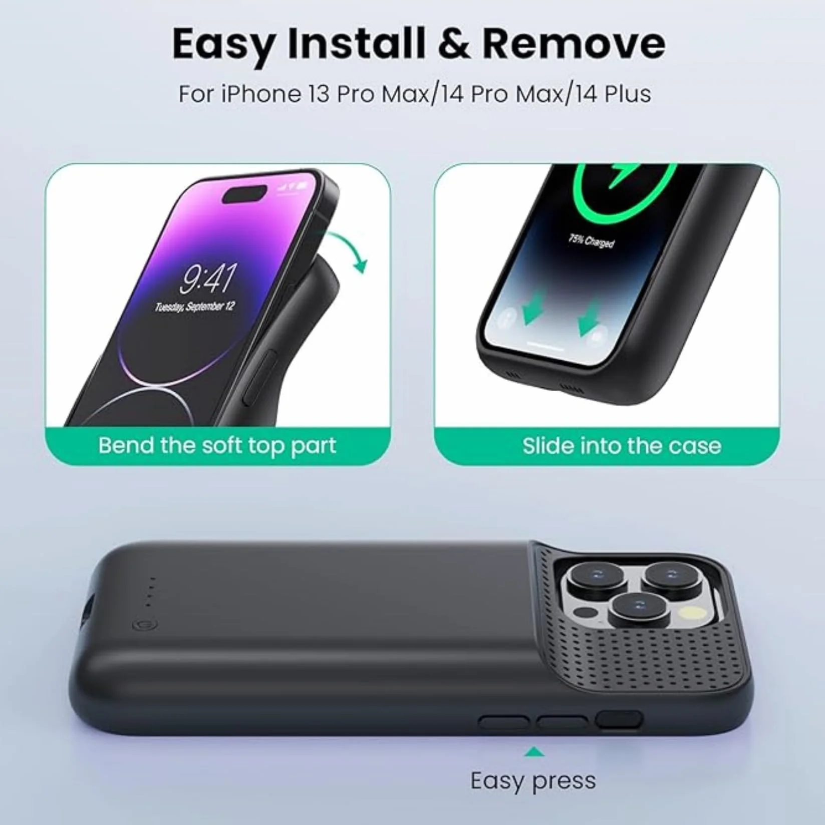 Etui na baterię do iPhone 14 Plus/14 Pro Max/13 Pro Max, 8600 mAh, etui do ładowania, dodatkowy akumulator, zdejmowany przenośny pokrowiec na telefon komórkowy, powerbank, etui do iPhone 13