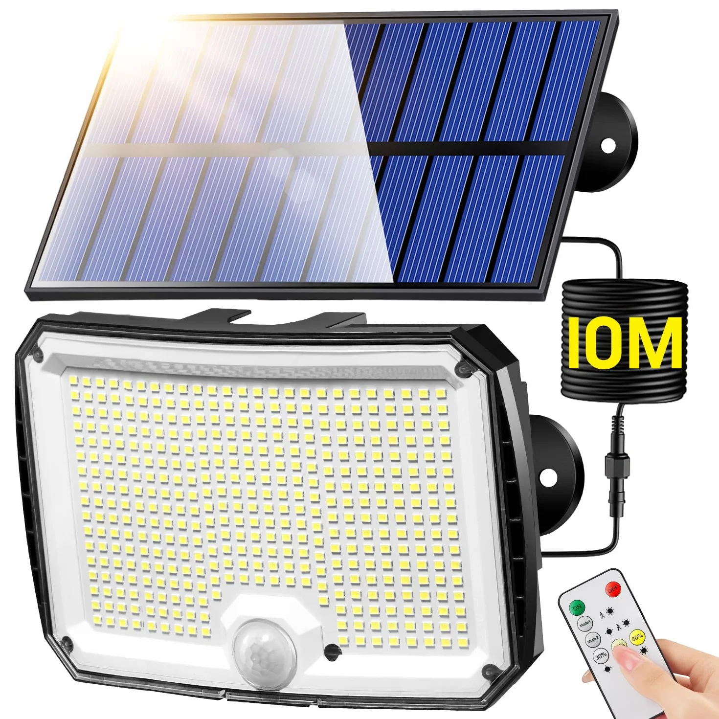 PIKOY Lampy solarne do użytku na zewnątrz z czujnikiem ruchu, 318 diod LED, 1500 lm, reflektor solarny do użytku na zewnątrz, 3 tryby pracy, 2200 mAh, wodoszczelność IP65