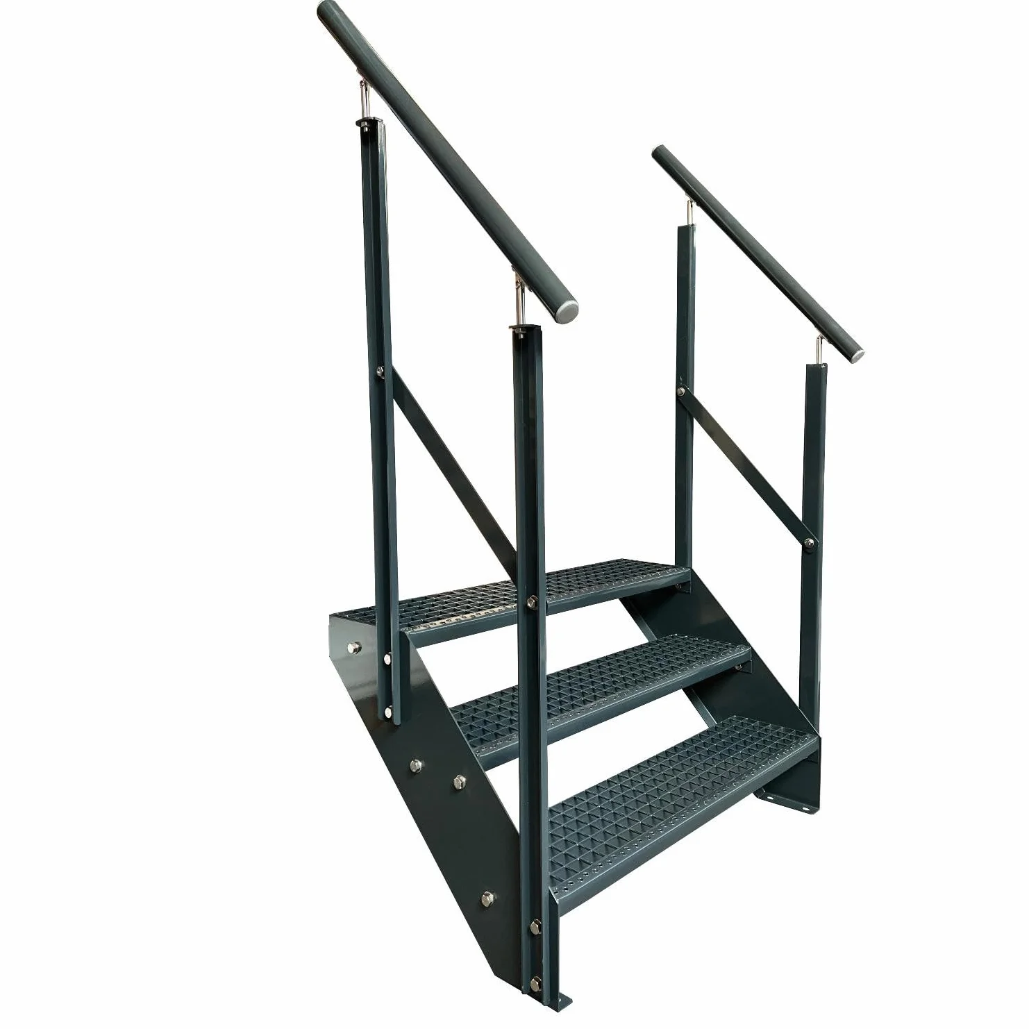 Schody stalowe klasy premium, z dwustronną poręczą, w całości antracytowe, RAL 7016/3 stopnie (szerokość 1400 mm) (wysokość 57 cm), odporne na warunki atmosferyczne, schodki ogrodowe