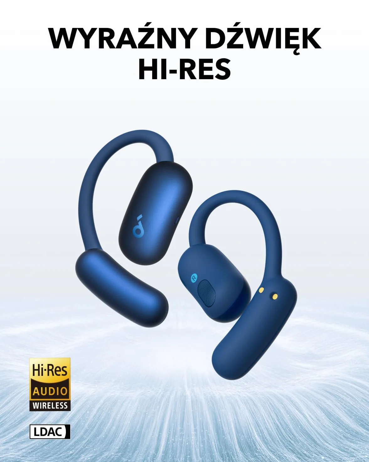 soundcore AeroFit 2 firmy Anker, słuchawki otwarte, regulowane zaczepy na uszy, ścisłe dopasowanie, bogaty bas, dźwięk bezprzewodowy Hi-Res, 42 godz. odtwarzania (Niebieski, Standard)