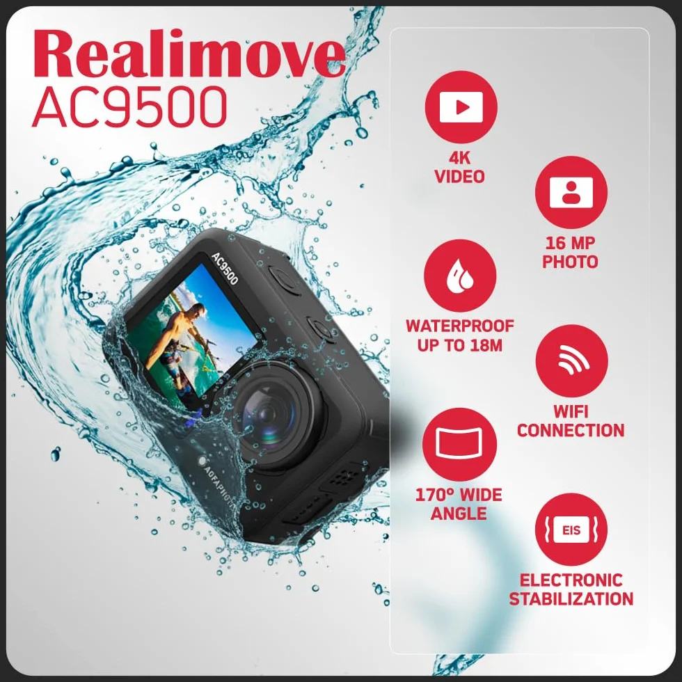 AGFA Photo AC9500 Wodoodporna kamera sportowa - filmy 4K, zdjęcia 16 MP, podwójny ekran, szeroki kąt 170°, WiFi - czarny - czarny