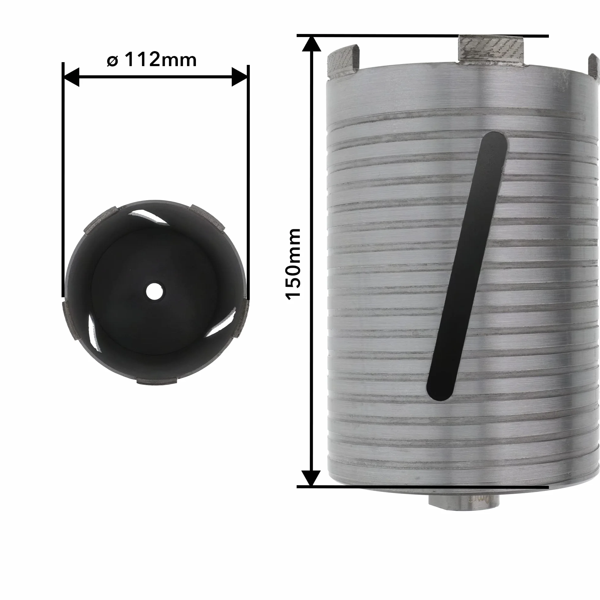 PRODIAMANT Diamentowa wiertnica rdzeniowa ø 112 mm długość efektywna 150 mm z adapterem SDS do młotowiertarki, segmenty spawane laserowo do wiercenia na sucho