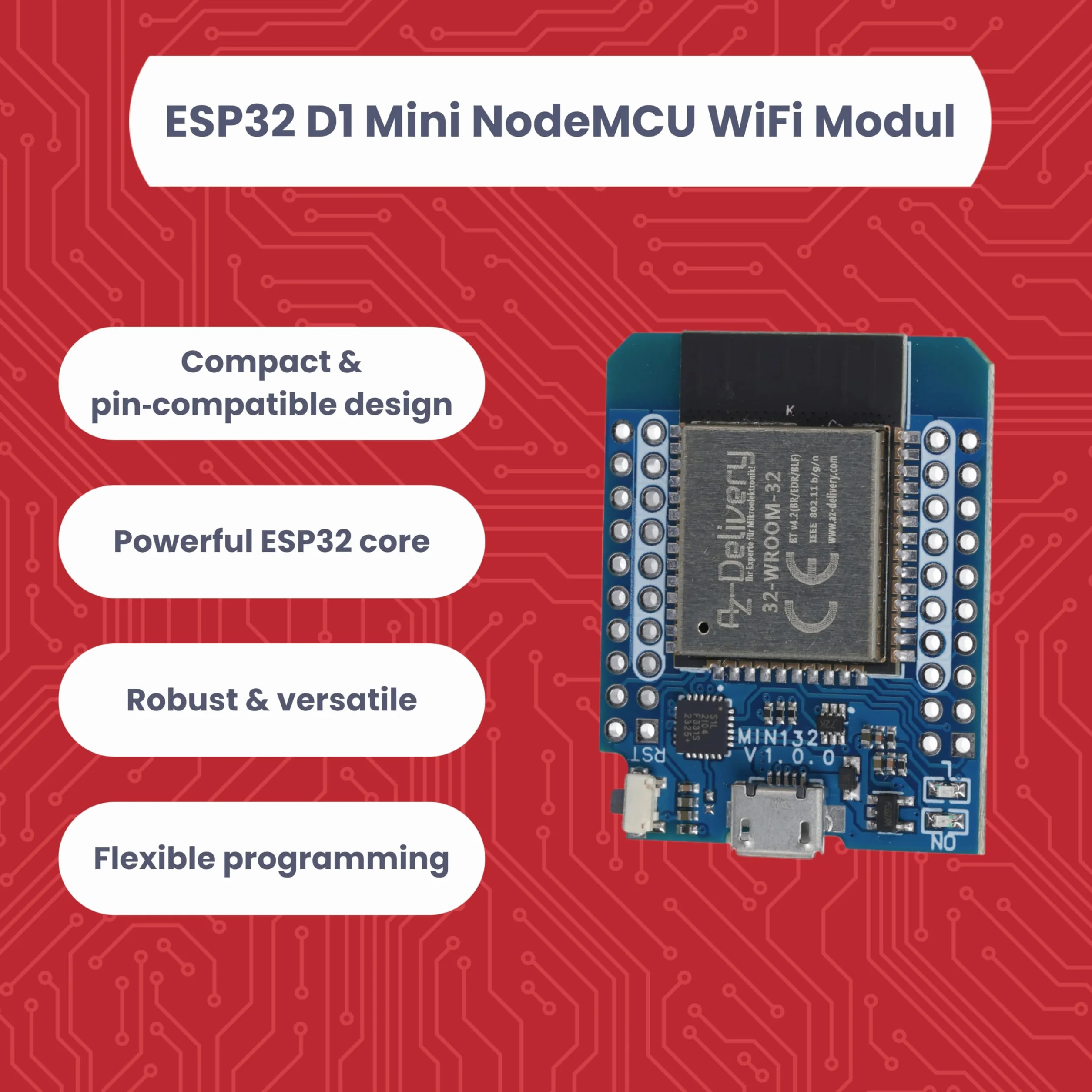 AZDelivery ESP32 D1 Mini NodeMCU WiFi Bluetooth Moduł Rozwojowy Arduino