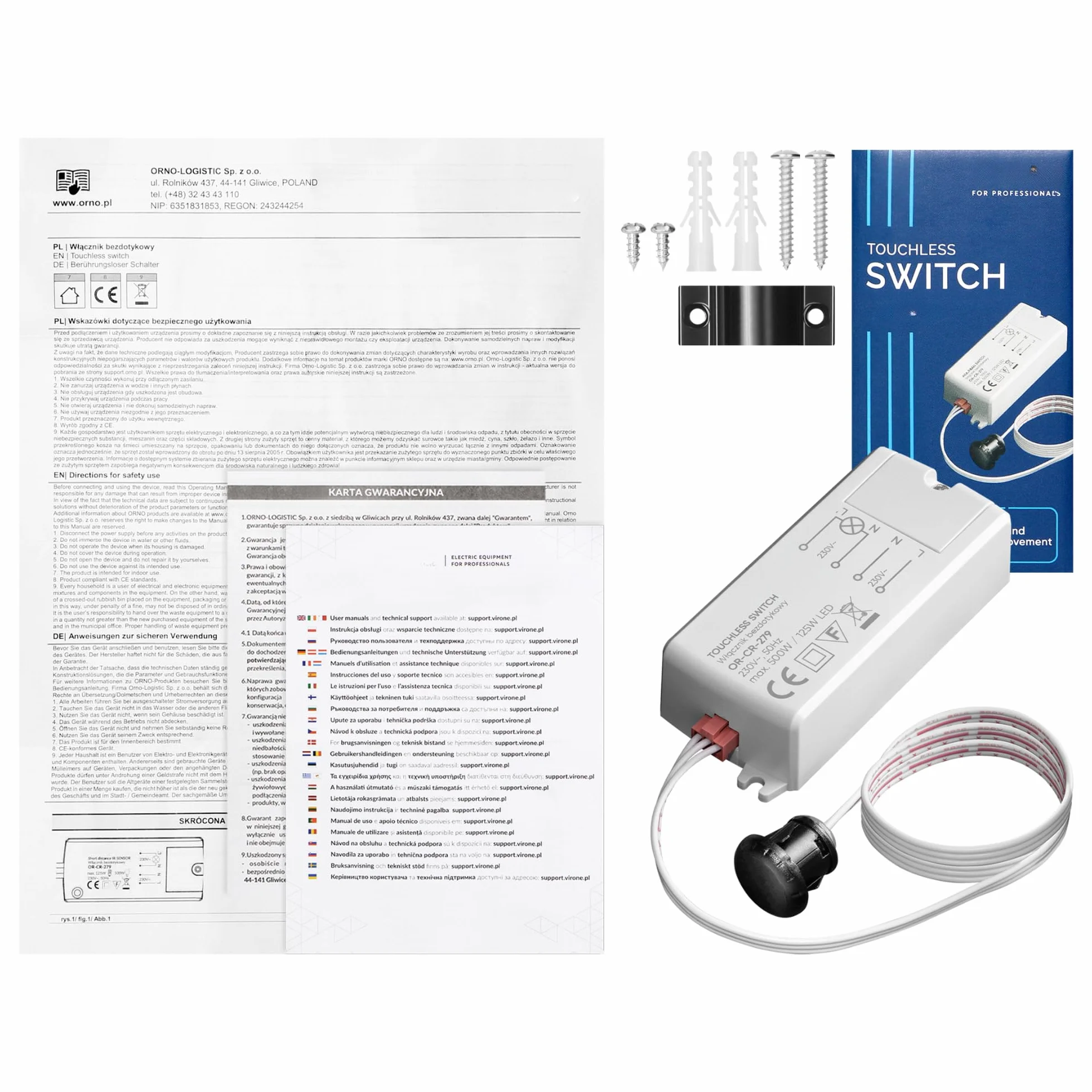 Włącznik Bezdotykowy Dwubiegunowy do Sterowania Oświetleniem Standardowym i LED Montaż do Puszki Ø13 mm Zasięg Detekcji max.5 cm IP20