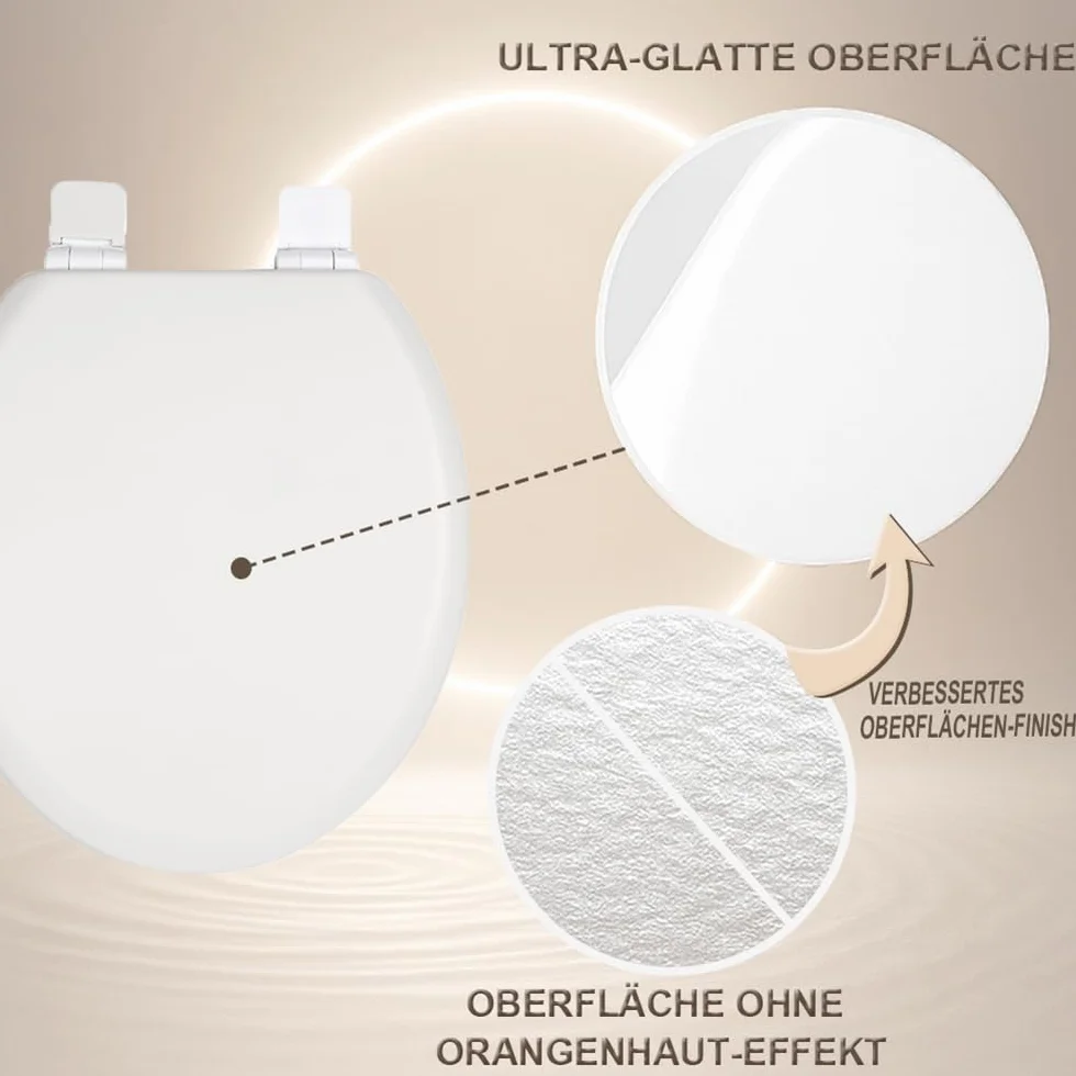 Deska sedesowa z drewnianym rdzeniem, kolor biały matowy – Soft-Touch i ultra gładka (bez skórki pomarańczowej), wolnoopadająca i szybkie zapięcie (Easy-Clean), kształt O, rozstaw otworów 155 mm