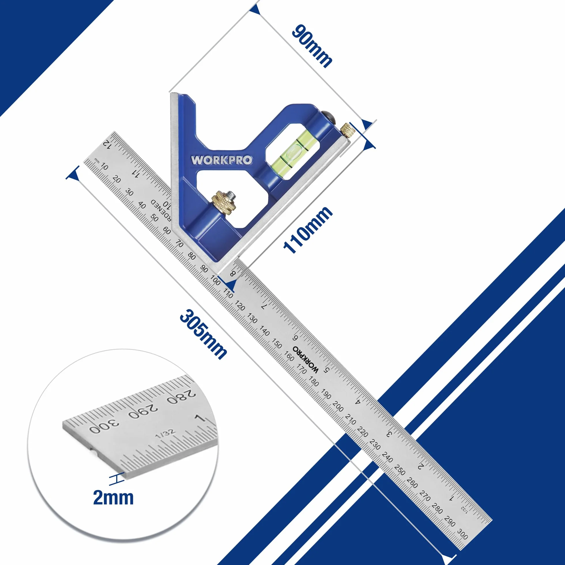 WORKPRO Kątomierz wielofunkcyjny 300 mm, uniwersalny kątownik z poziomicą i igłą nastawną, regulowany kątomierz ze stali nierdzewnej 90/45 stopni, narzędzie pomiarowe z uchwytem ze stopu cynku