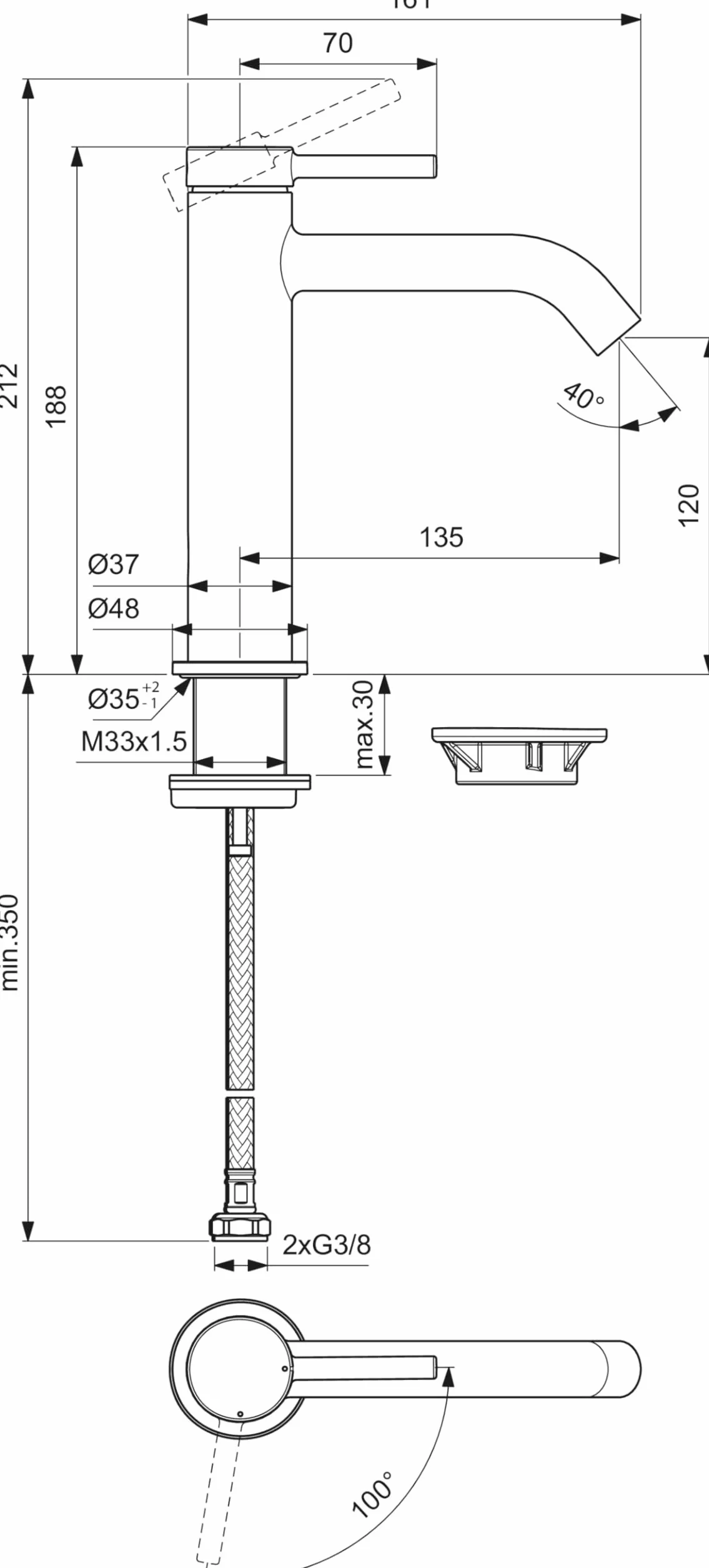 Ideal Standard Ceraline duża bateria umywalkowa z wkładem FirmaFlow, bez drążka sterującego, system BlueStart, Easyfix, chromowany