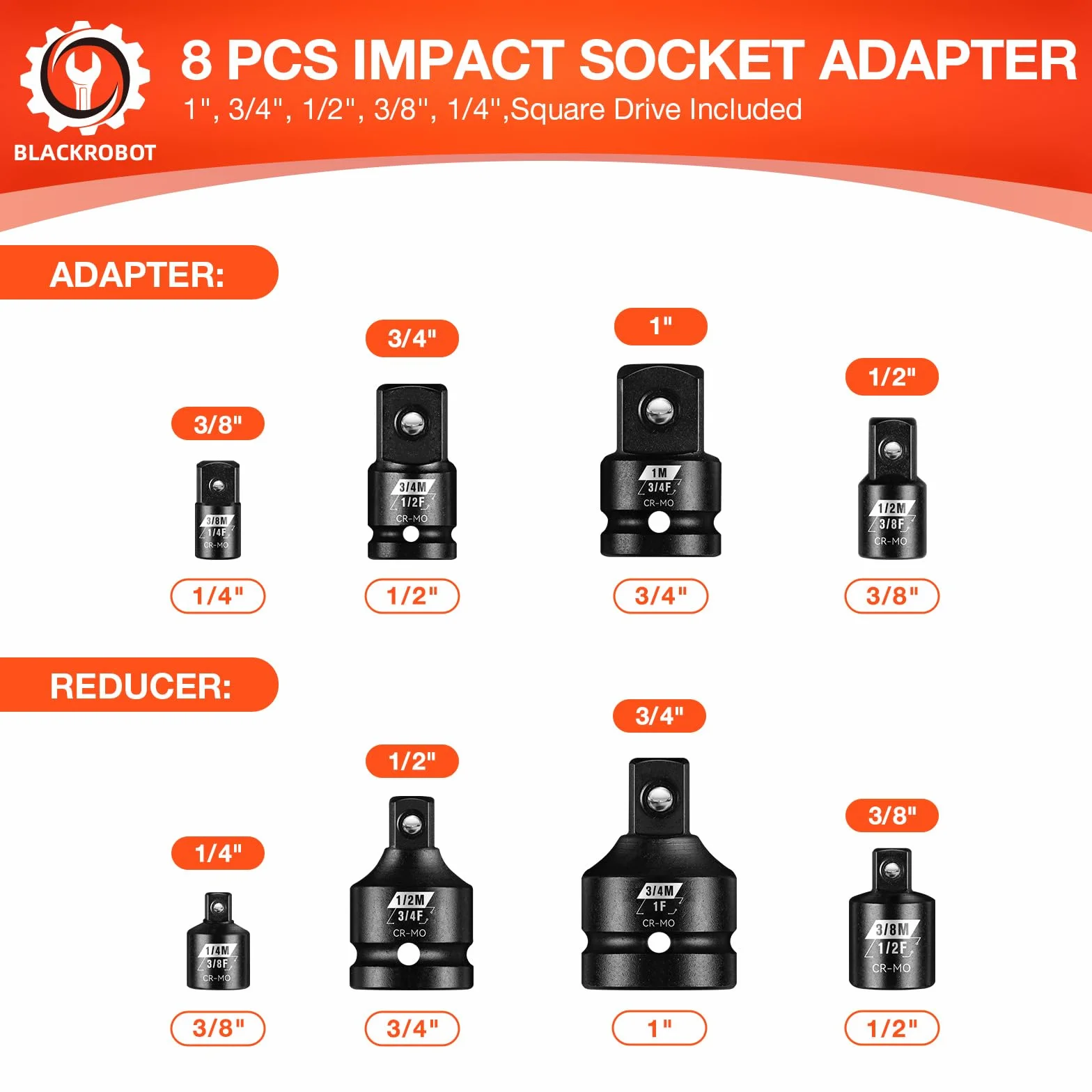8-częściowy zestaw adapterów udarowych, 1/4" 3/8" 1/2" 3/4", adapter do wkrętarki udarowej, adapter do wkrętarki udarowej, adapter klucza nasadowego, stal chromowo-molibdenowa, w walizce na