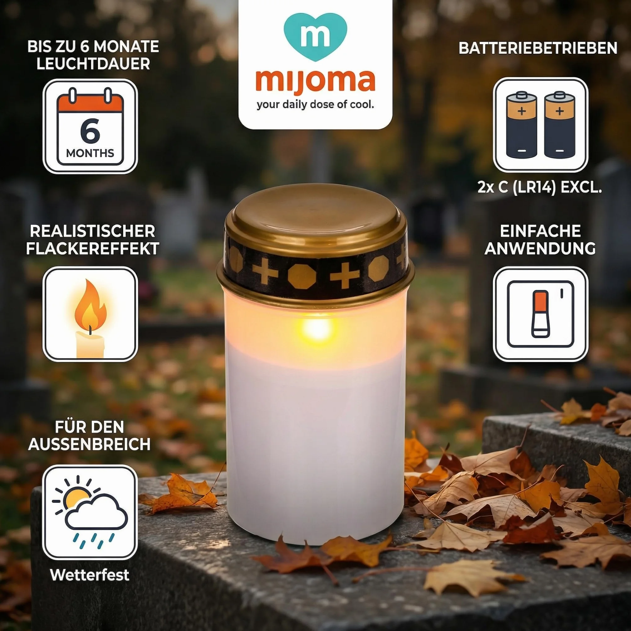 MIJOMA Lampy nagrobne LED do użytku na zewnątrz, zasilanie bateryjne, realistyczny efekt migotania, czas świecenia 6 miesięcy, świeca nagrobna, lampa nagrobna (zestaw 3 sztuk, biała)