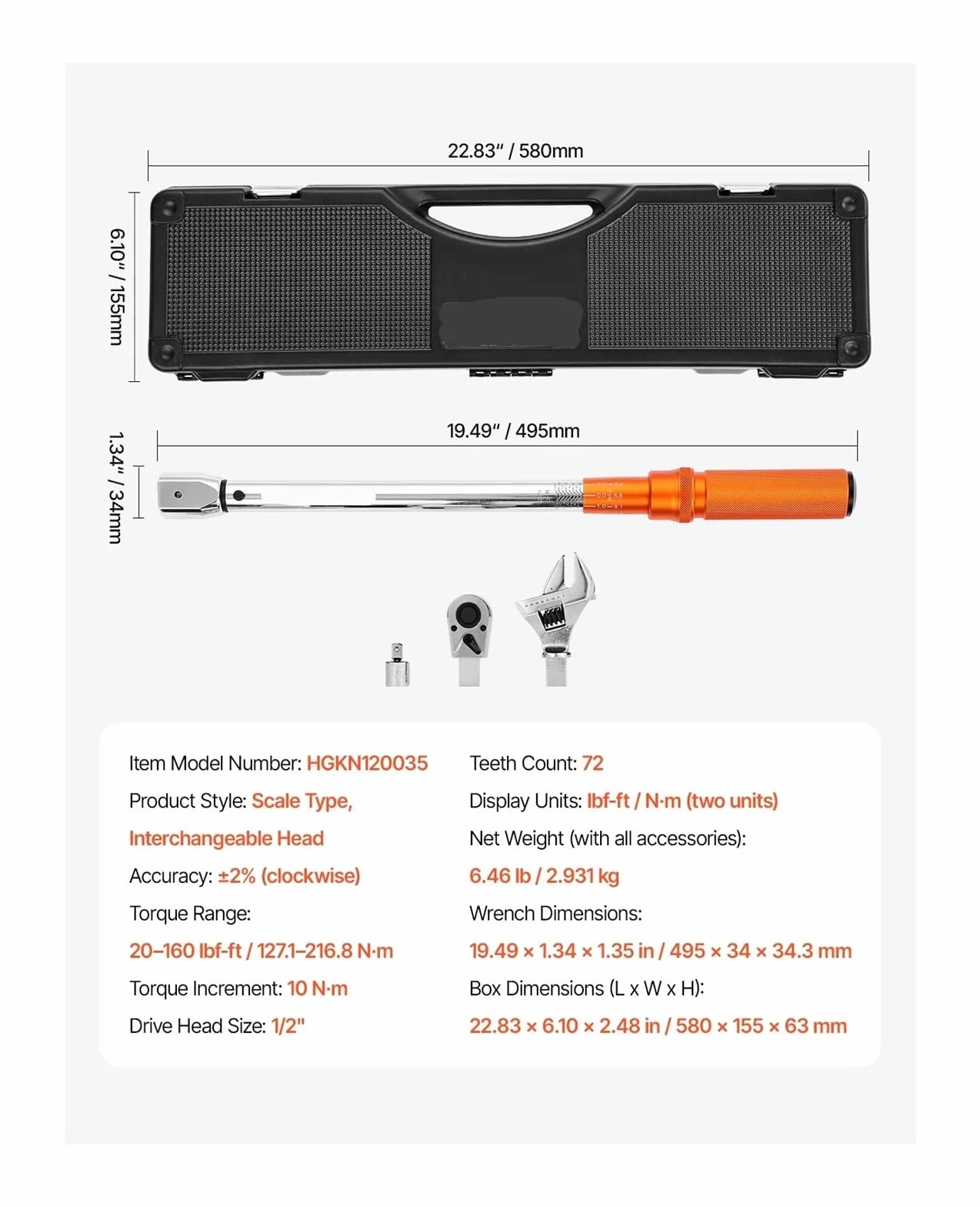 Telescopic Ratchet Regulowany klucz dynamometryczny typu Click Napęd 1/2 cala 20–160 lbf-ft ​​Wagi dwukierunkowe i dwuzakresowe z adapterem mały klucz dynamometryczny