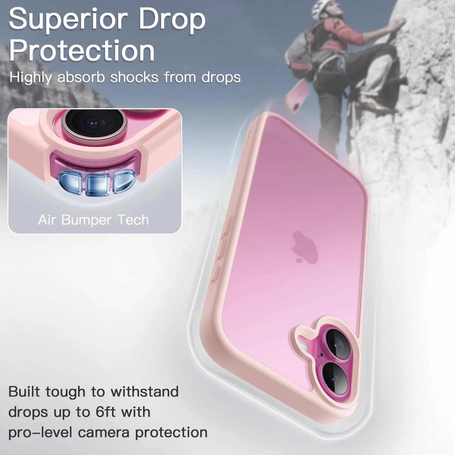 JETech Etui iPhone 16 6,1 Cala Matowe Odporne na Wstrząsy Ochrona Przed Upadkiem Klasy Wojskowej Jasnoróżowy