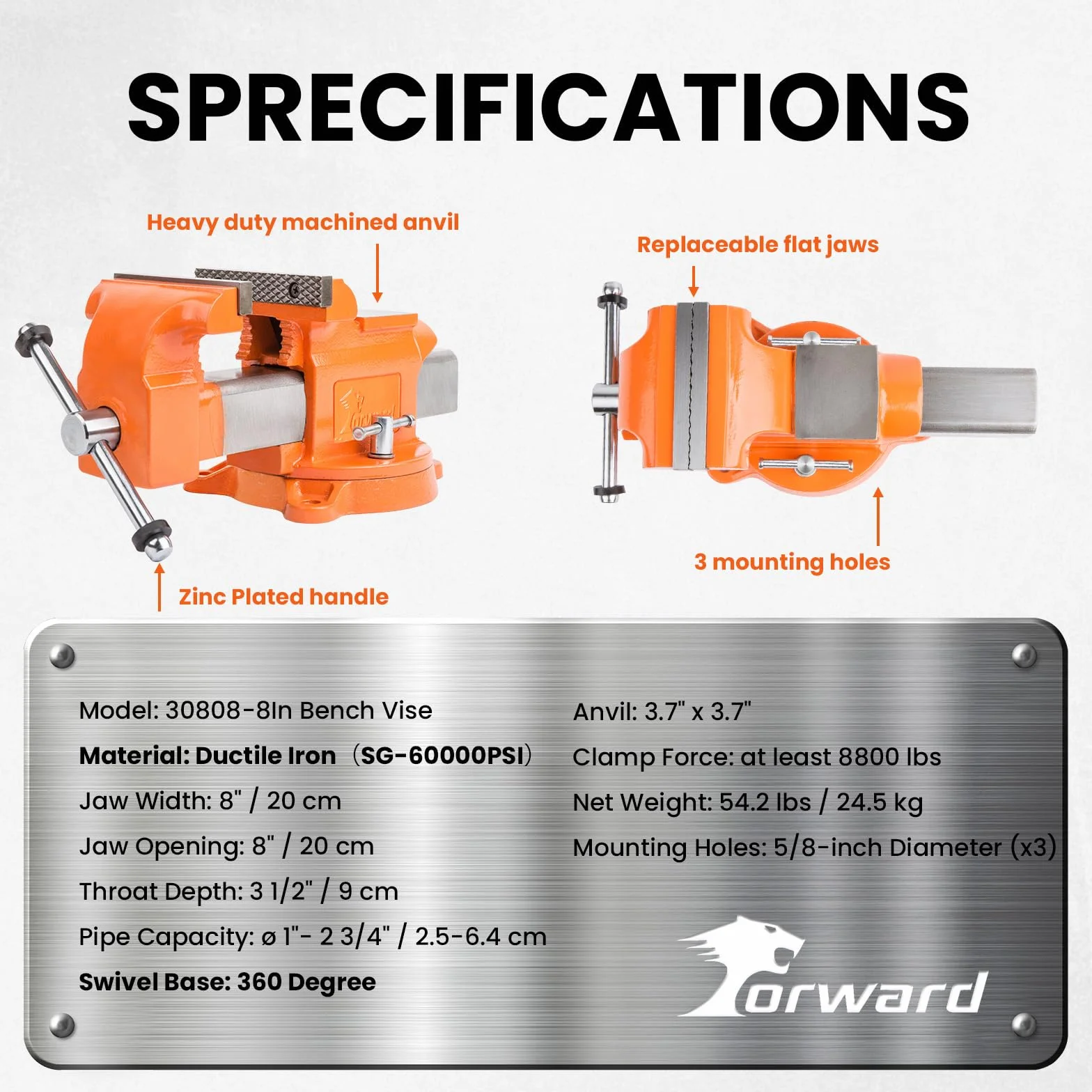 Forward Imadło ławkowe 20 cm z żeliwa sferoidalnego z obrotową podstawą o 360 stopni i stalową prowadnicą kanałową 30808 (20 cm)