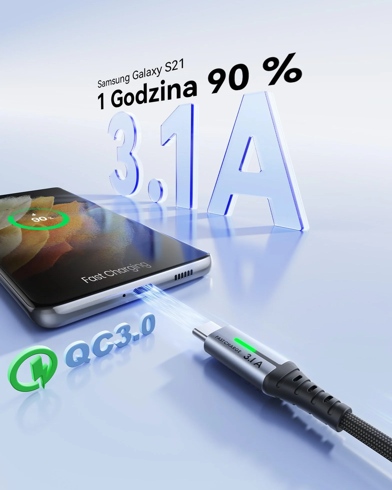 INIU Kabel USB C 2m 3.1A Ładowarki Typu C Szybkie Ładowanie Pleciony Kabel Danych USB-C ze Stopu Cynku