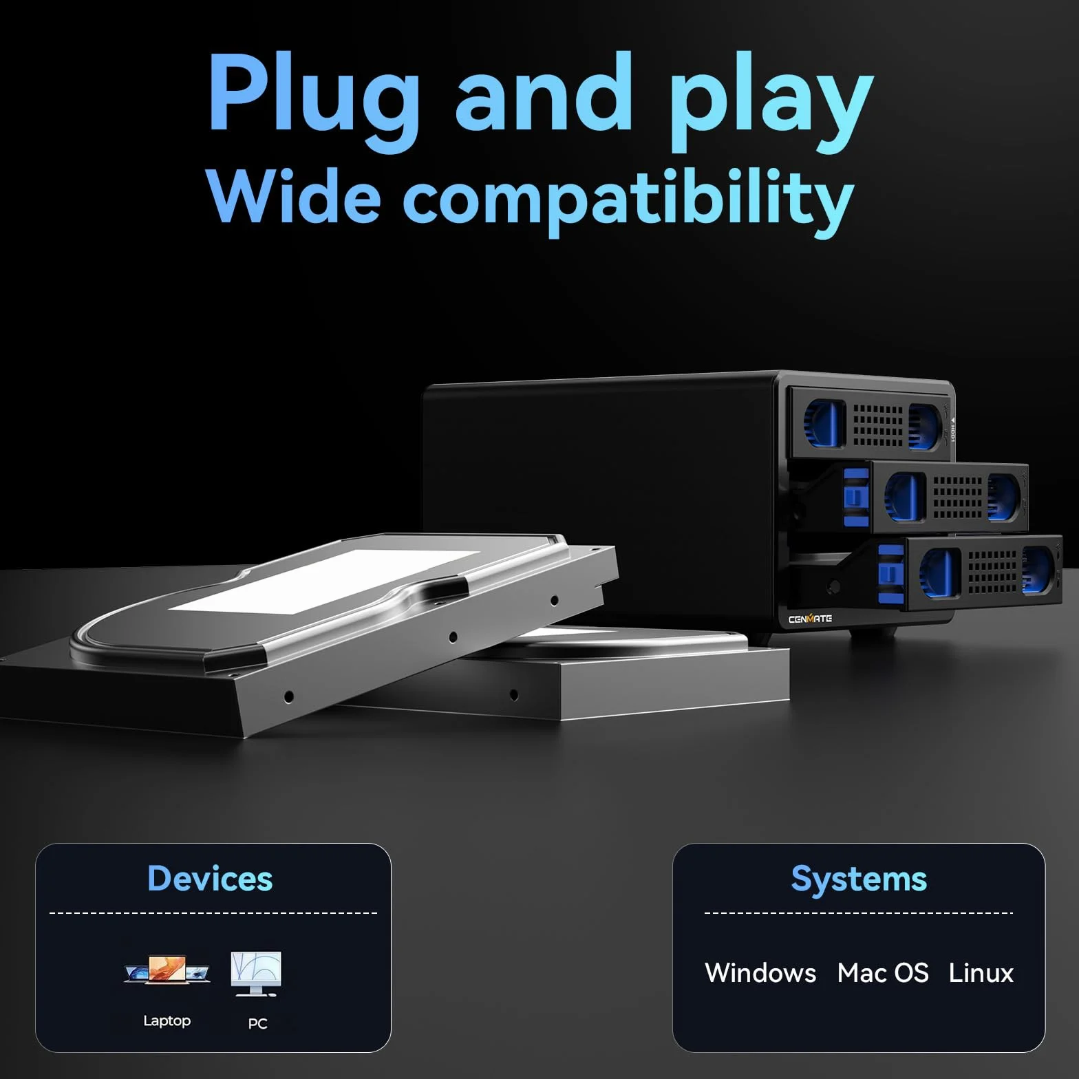 Aluminiowa obudowa 3 Bay HDD z wentylatorem 2,5/3,5 SATA HDD/SSD USB A/C 3.0 Hot Swappable Daisy Chain