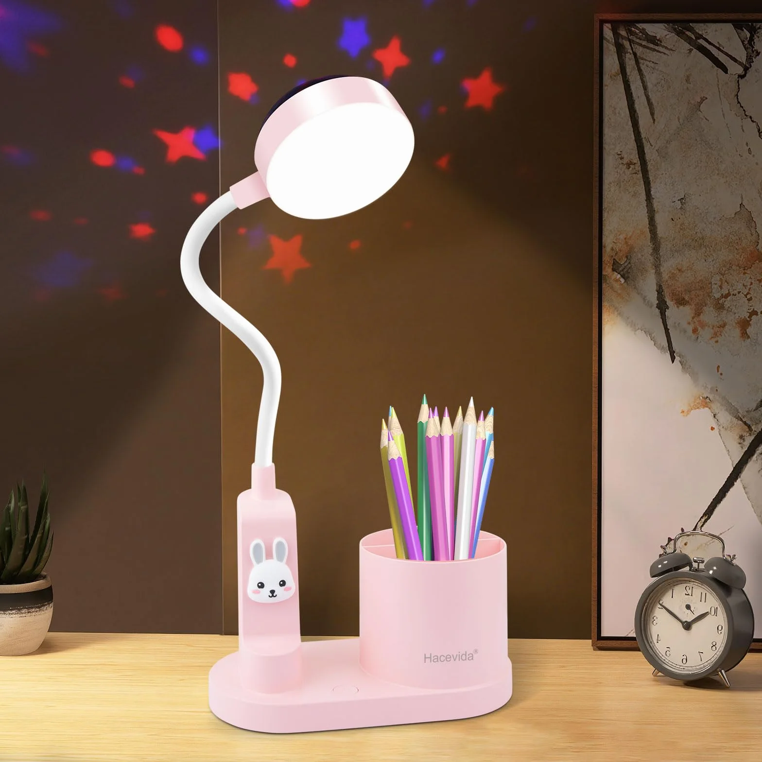 Lampka biurkowa dla dzieci, nocna z uchwytem na długopis, LED, Kawaii, zmiana koloru automatyczna, przyciemniona do czytania