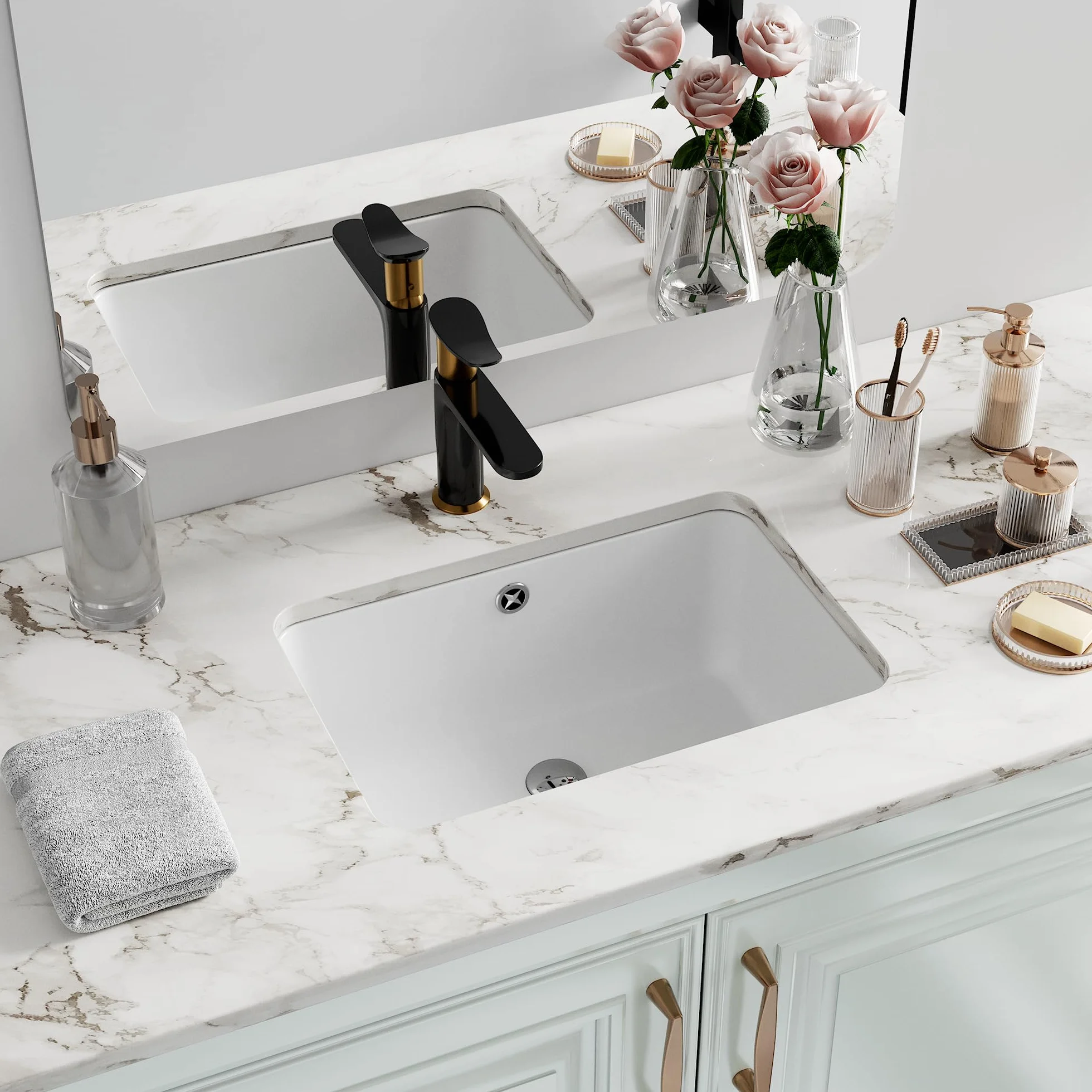 Podmontowany zlew łazienkowy prostokątny, Hugsleek wewnętrzna miska rozmiar 40 x 28 cm biała porcelanowa ceramiczna umywalka pod blatem rozmiar zewnętrzny 45 x 33 cm prostokątna umywalka wannowa