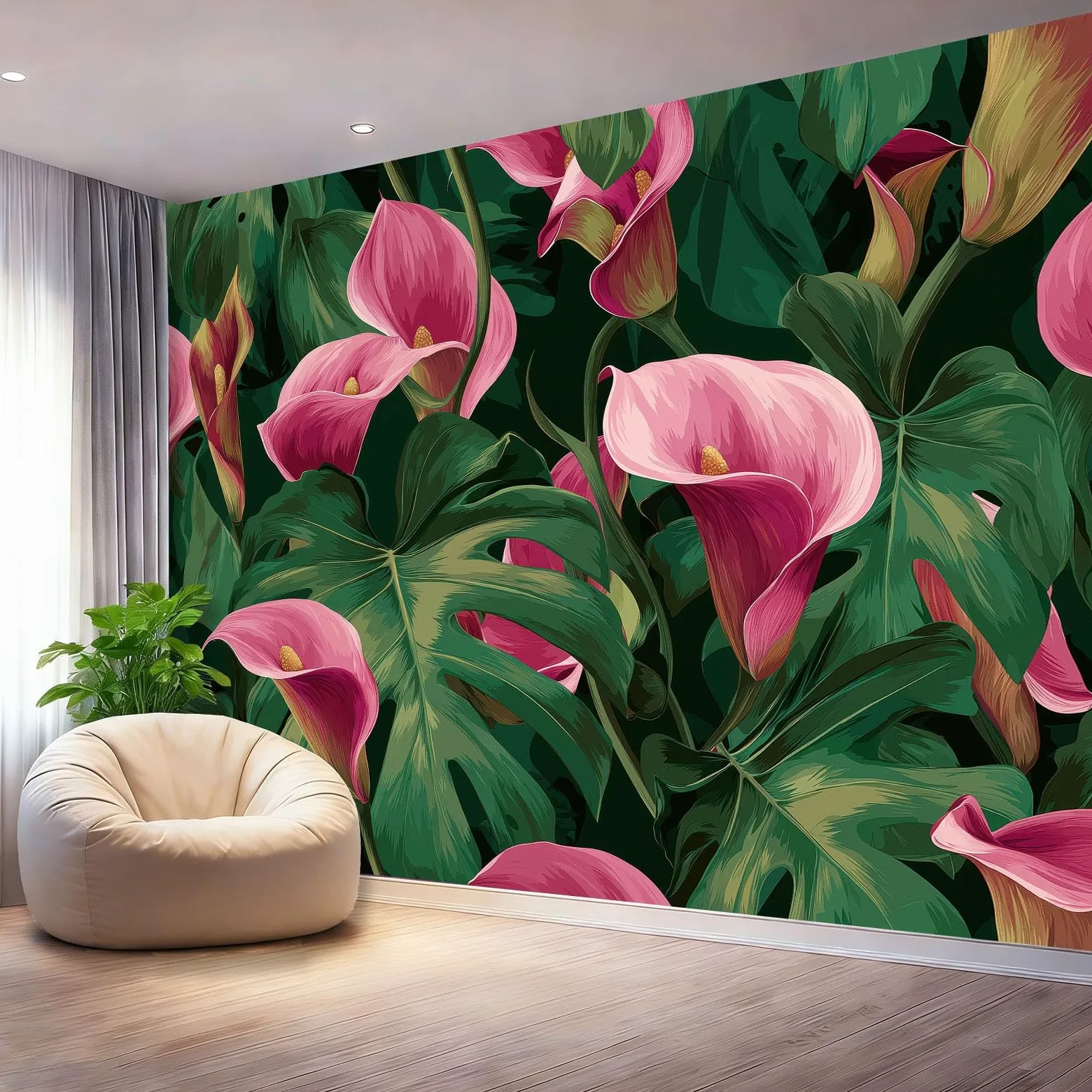 Fototapeta naturalna tropikalna Calla Liście Fotograficzne Mural Sypialnia Pokój dziecięcy, 400 x 280 cm Fototapeta artystyczna, zielona różowa