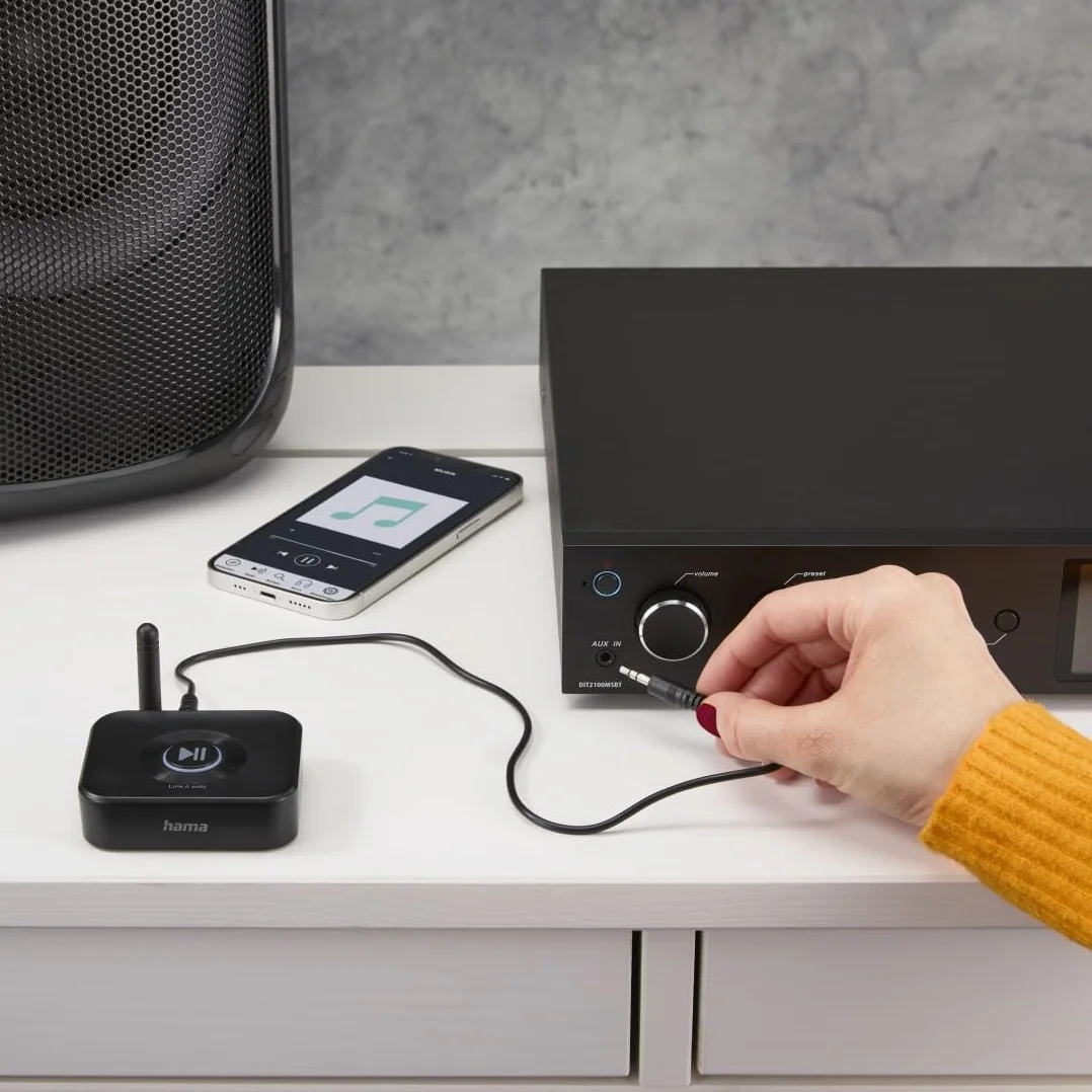 Hama Adapter Transmitter Bluetooth 5.3 z Minijackiem do Systemów HiFi, Obsługa 2 Urządzeń i Karty MicroSD, Zasilanie USB, Czarny