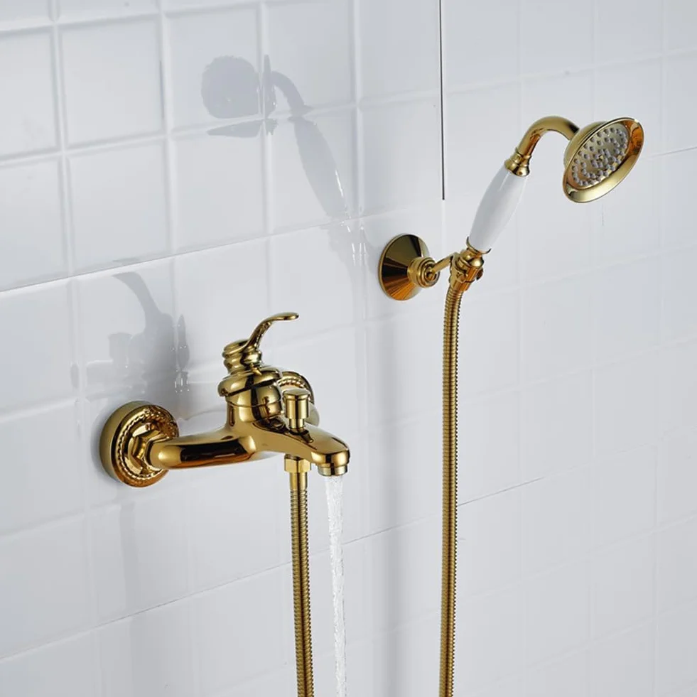Retro mosiężny kran wannowy z naścienną głowicą prysznicową 150 cm wąż tradycyjny design luksusowe złote wykończenie idealny do renowacji i modernizacji łazienki