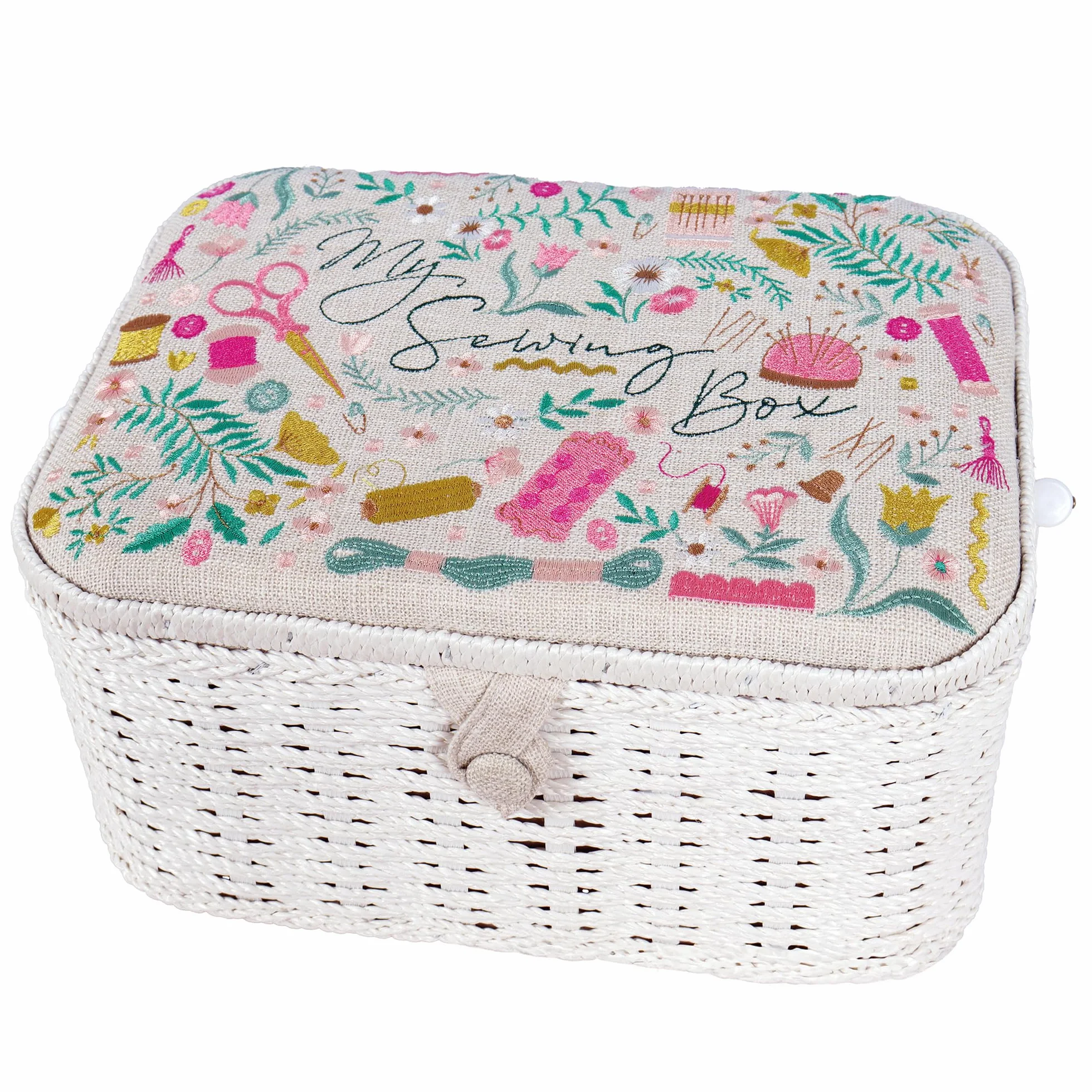 Hobby Gift Owalna skrzynka na przybory do szycia - duża, wygląd bawełny i lnu, haftowany wzór „Ma Couture”, boki i uchwyt z wikliny, wewnętrzna tacka, kieszeń i poduszka na szpilki, 23,5x31,5x16cm