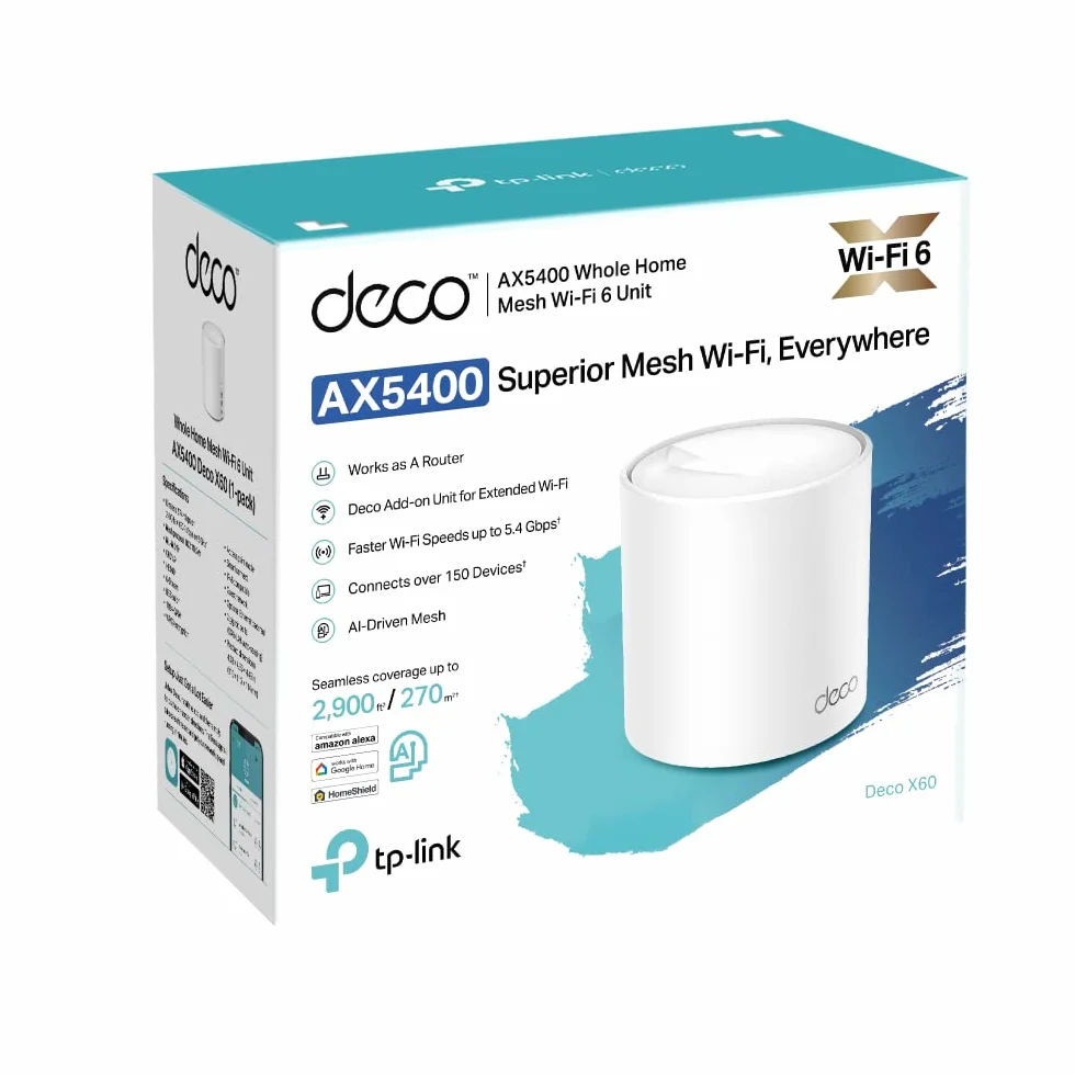 TP-Link Deco WiFi 6 Mesh AX 5400Mbps Deco X60(1-Pack) V3.2, system WiFi 6 dla całego domu, pokrycie 270㎡, łatwa instalacja, kontrola rodzicielska, kompatybilna ze wszystkimi światłowodowymi pudełkami
