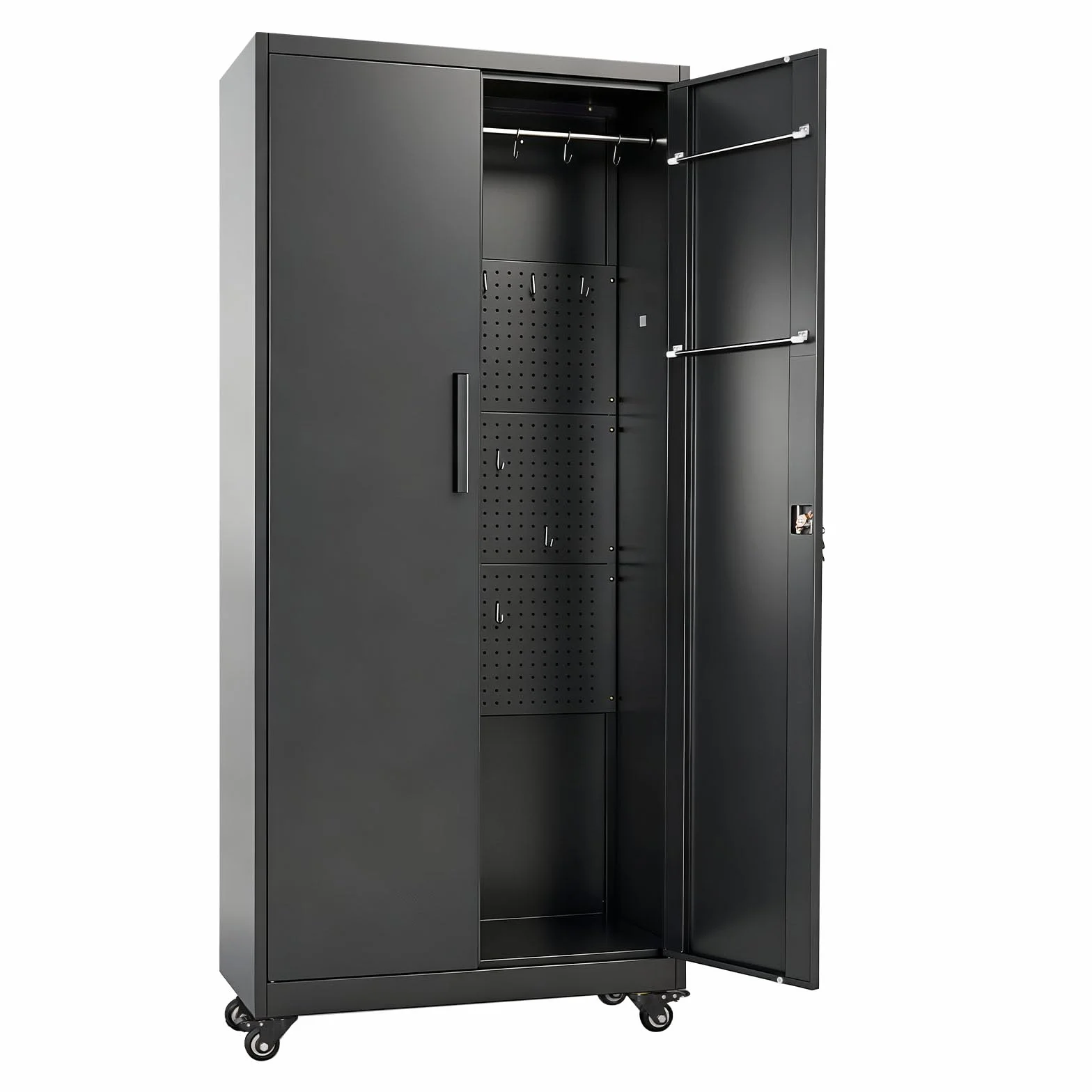VEVOR Metalowa szafka do przechowywania, 179 cm, stal zwijana z regulowanymi półkami, 2 drzwi magnetyczne, drążek do zawieszania i 3 haczyki na pręty, 5 zamykanych poziomów, spiżarnia