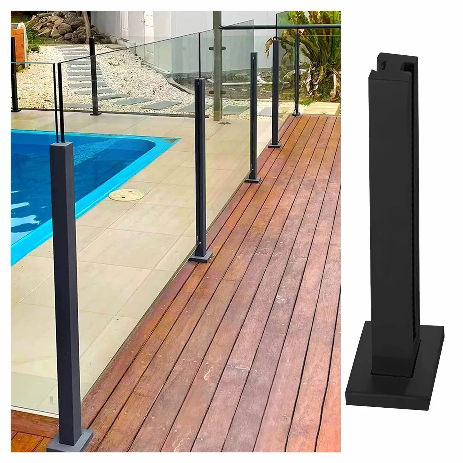 Kolumna z panelem ogrodzeniowym przy basenie — wysokość 85/90/95/105/115/125 cm, słupek balustrady ze stali nierdzewnej w kolorze czarnym do montażu na podłodze do schodów/korytarzy, ze śrubami (kolor