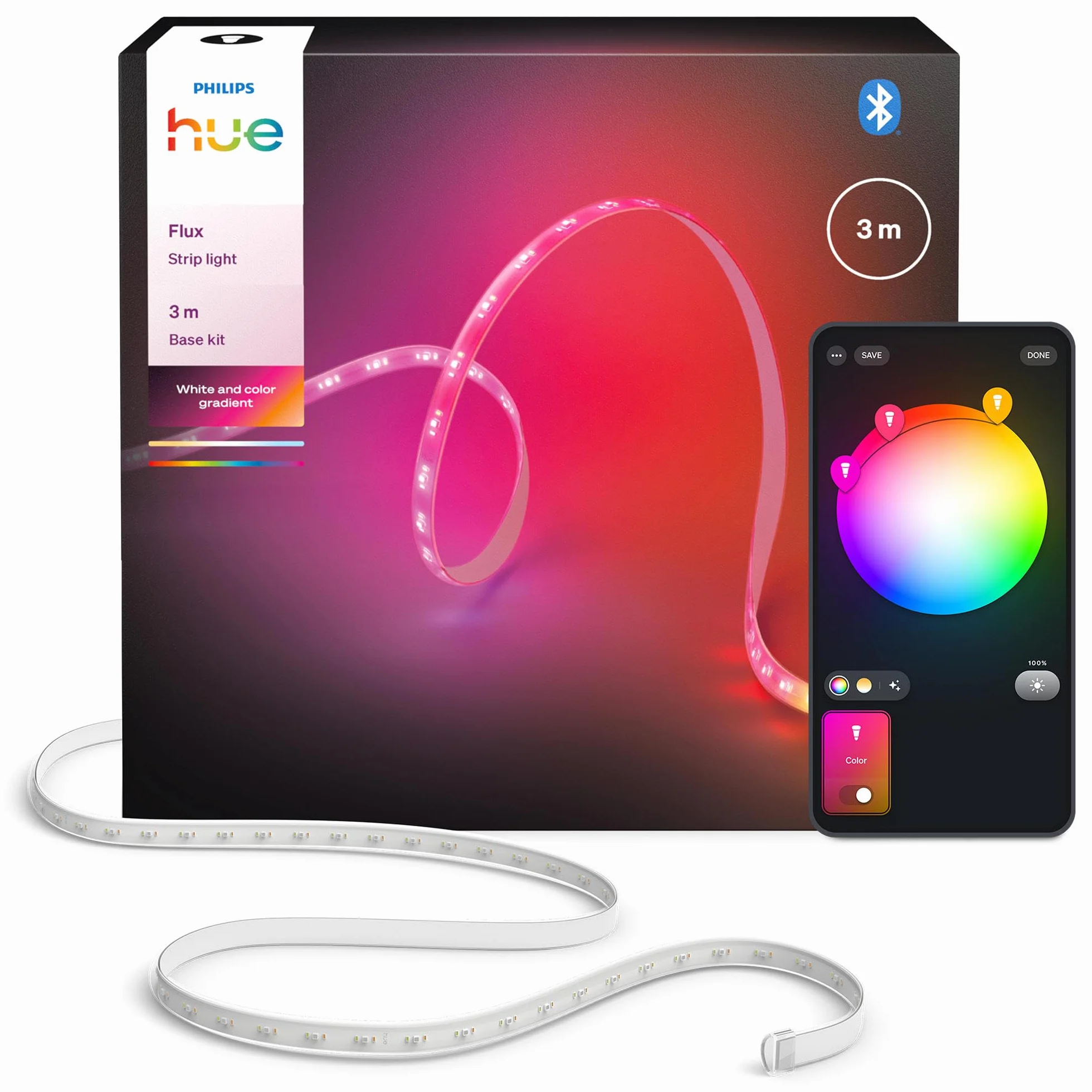 Philips Hue Flux 3 m LED, 1200 lm, żywe kolory i atmosfera, elastyczna, Chromasync™, RGBWWIC, przycinanie i przedłużanie, sterowanie aplikacją i głosem, do wnętrz.