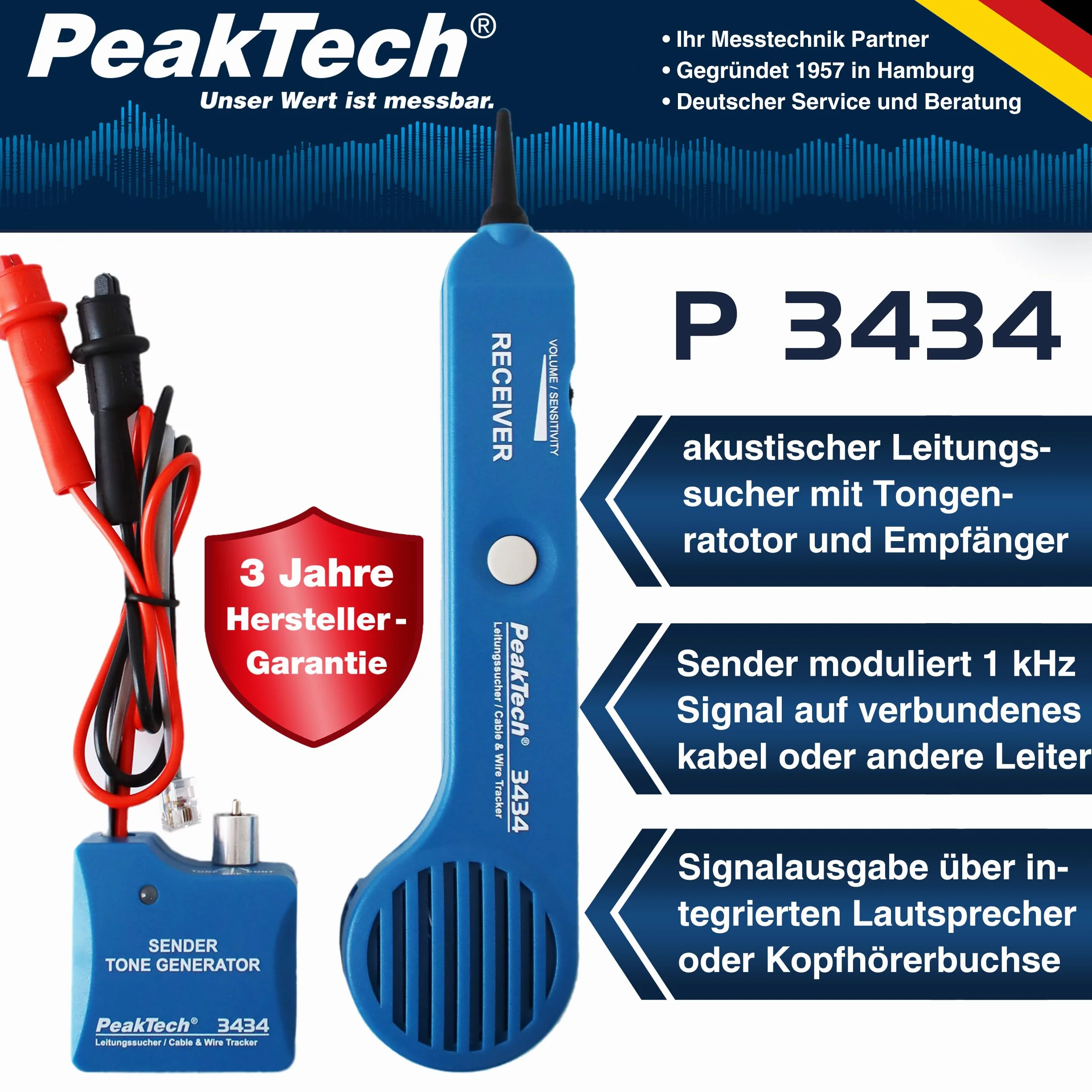 PeakTech 3434 – wykrywacz przewodów i kabli telefonicznych z próbnikiem ciągłości i sygnałem dźwiękowym, zaciskami krokodylkowymi, telefonami, sieciami RJ11, LAN