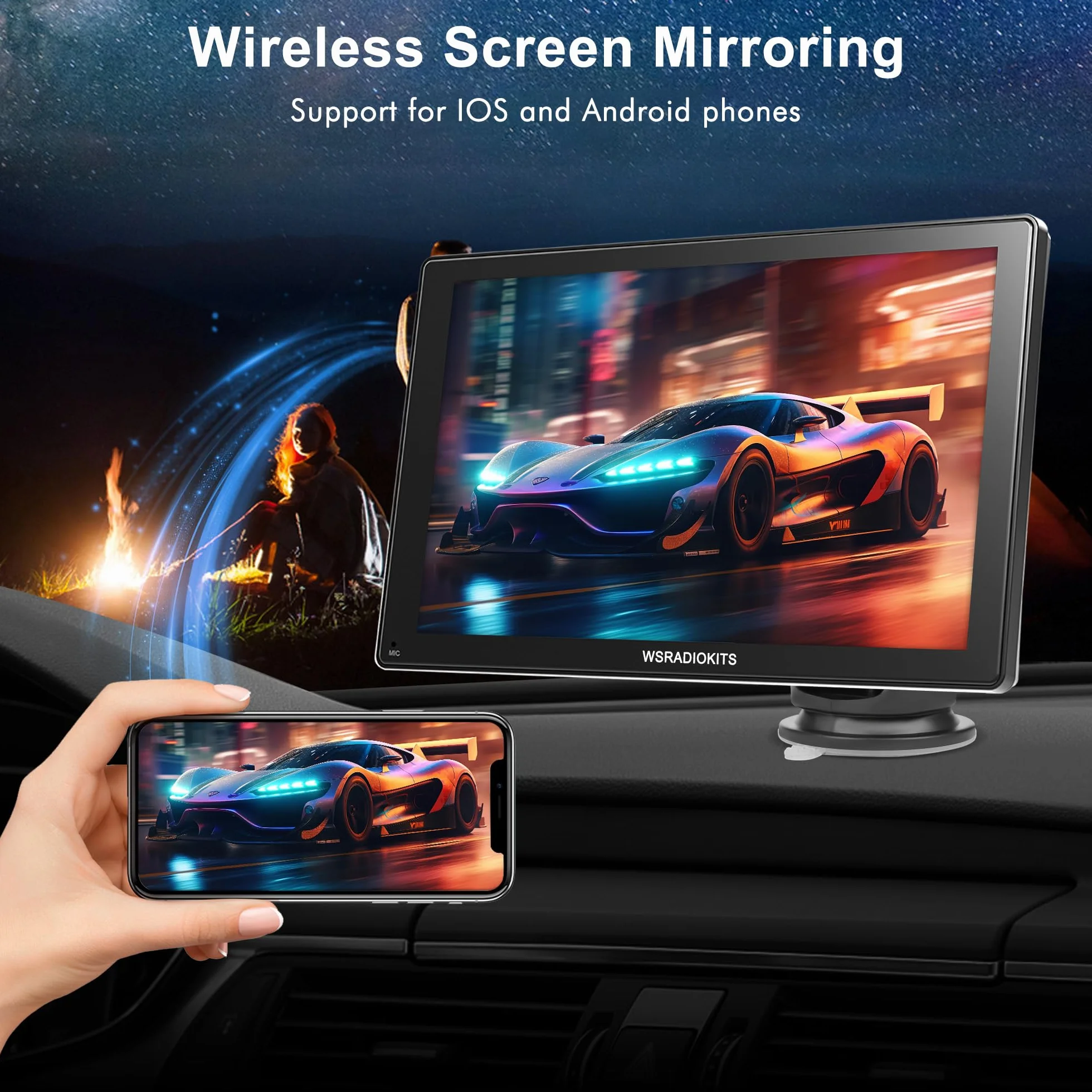 9-calowy bezprzewodowy wyświetlacz Carplay z systemem Android, radio samochodowe, bezprzewodowy ekran Carplay, z systemem Android z AUX/FM, kamera cofania, Mirror Link, Siri i G-oogle, Bluetooth do