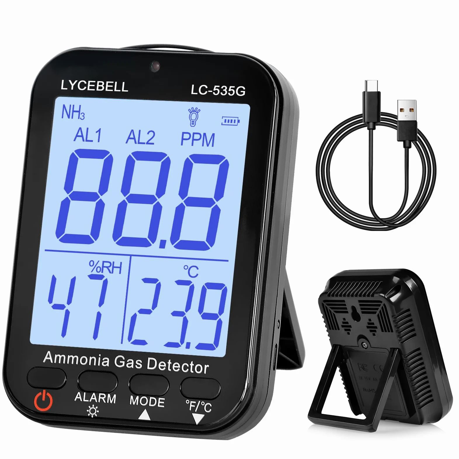 535G detektor gazu amoniaku, monitor NH3 0-100ppm z podwójnym alarmem, przenośny detektor wycieku gazu do gospodarstw rolnych/przemysłowych/domu, wskaźnik temperatury i wilgotności