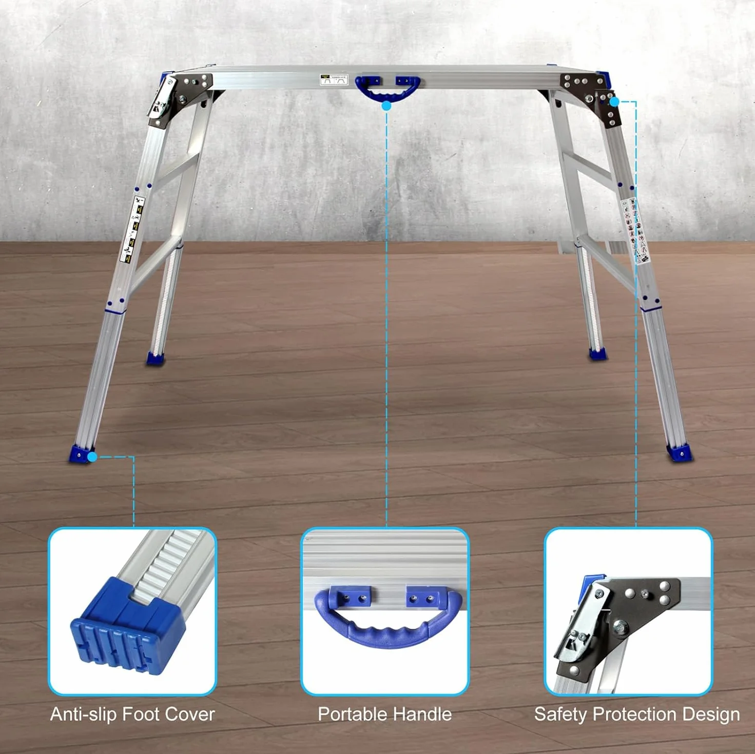 Platforma robocza 100 x 30 cm, 2-stopniowa platforma robocza składana, z antypoślizgową gumową matą, wszystkie nogi z regulacją wysokości od 65 do 90 cm, nośność 150 kg